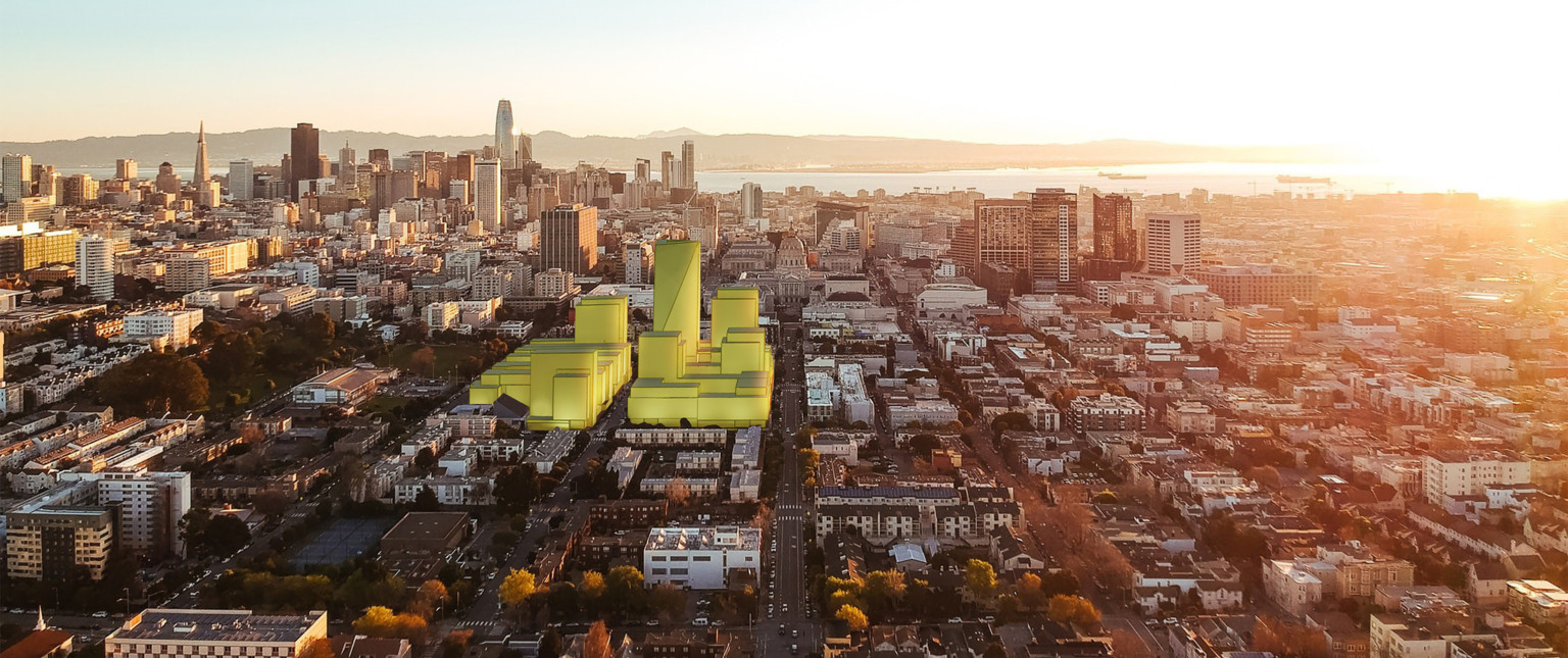 Rendering of the proposed development in yellow overlaid on the current neighborhood. 4 buildings of different heights