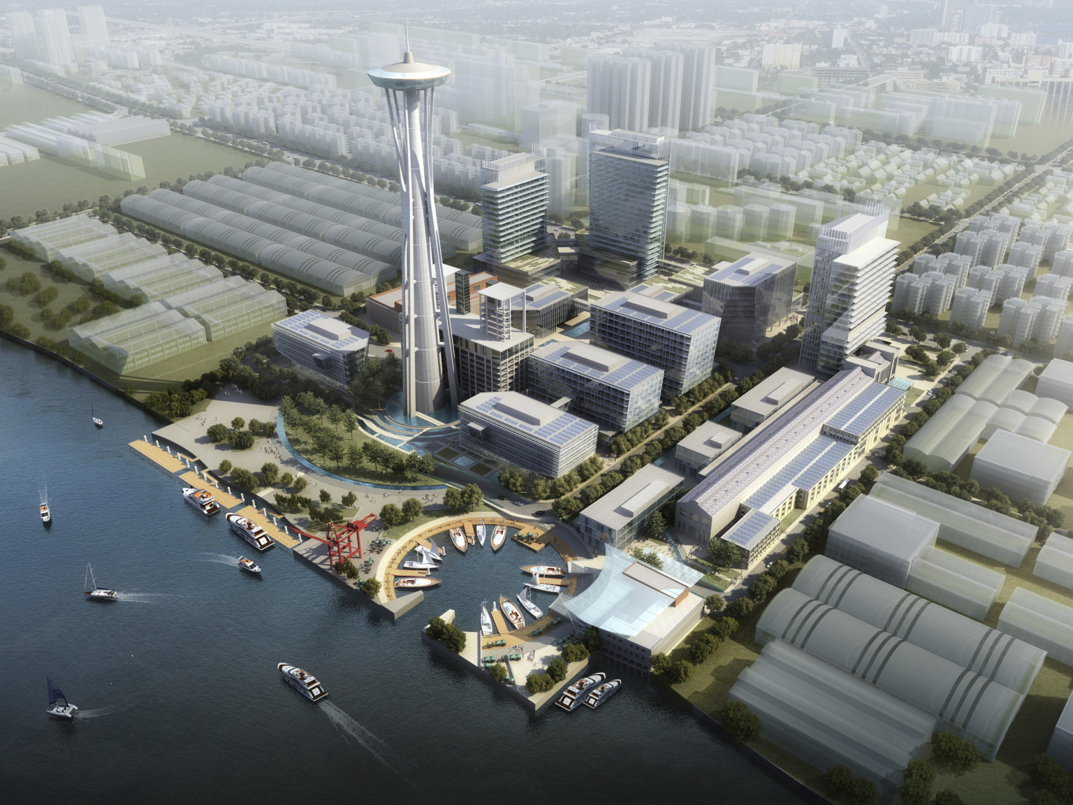 Conceptual design for Yang Shu Pu Power Plant along bank of Huangpu River. Mixed-use buildings surround pedestrian areas