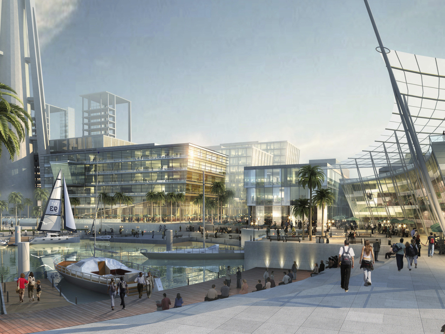 design concept of mixed-use buildings with glass facades surrounding central pedestrian walkway and dock with boats on water