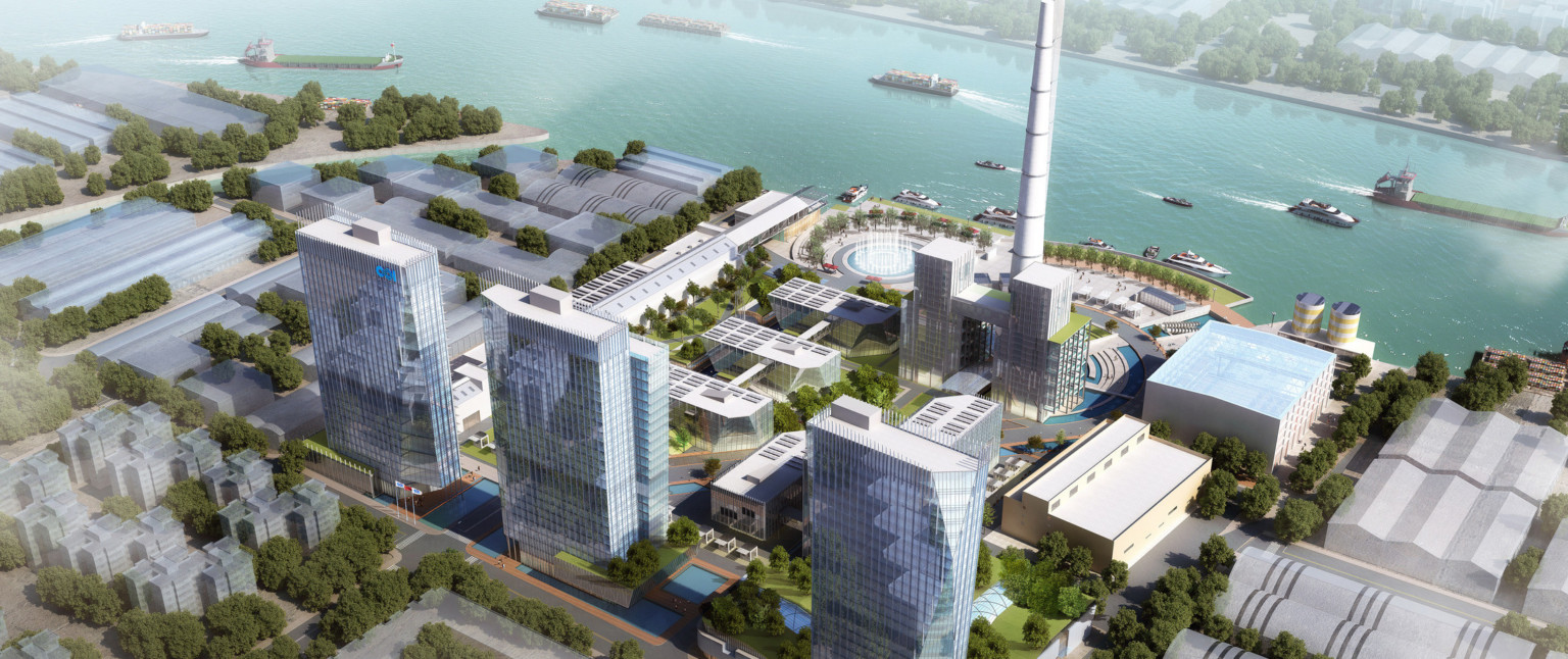 power plant redesign with mixed-use buildings and pedestrian areas looking out to boats on the Huangpu River