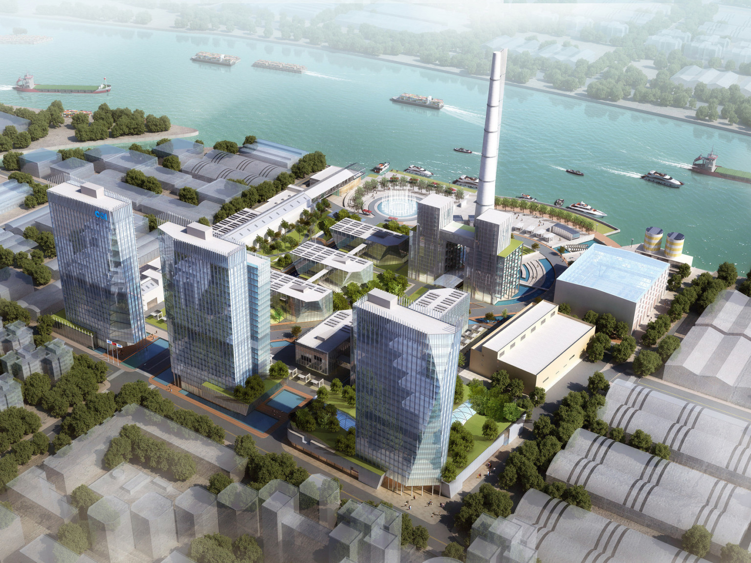 power plant redesign with mixed-use buildings and pedestrian areas looking out to boats on the Huangpu River