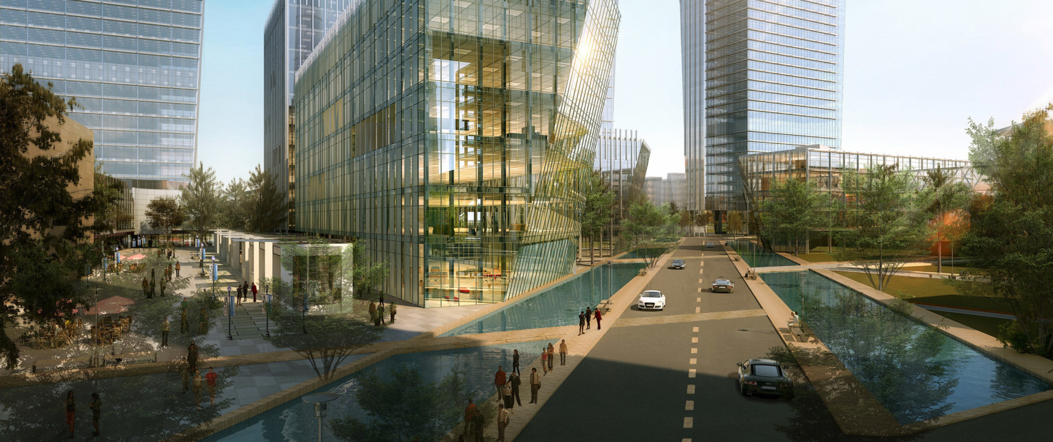 concept of mixed-use building with glass facade and angular structure next to reflective pools on either side of roadway