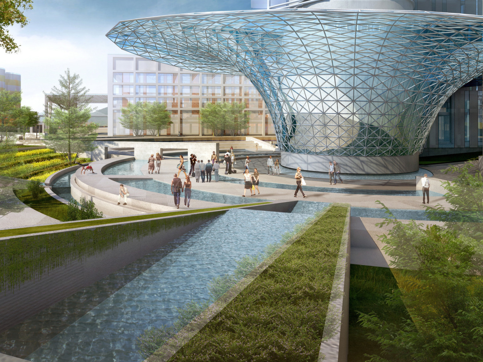 design concept for multi-level grass and water feature leading down to metal and glass structure and gathered pedestrians