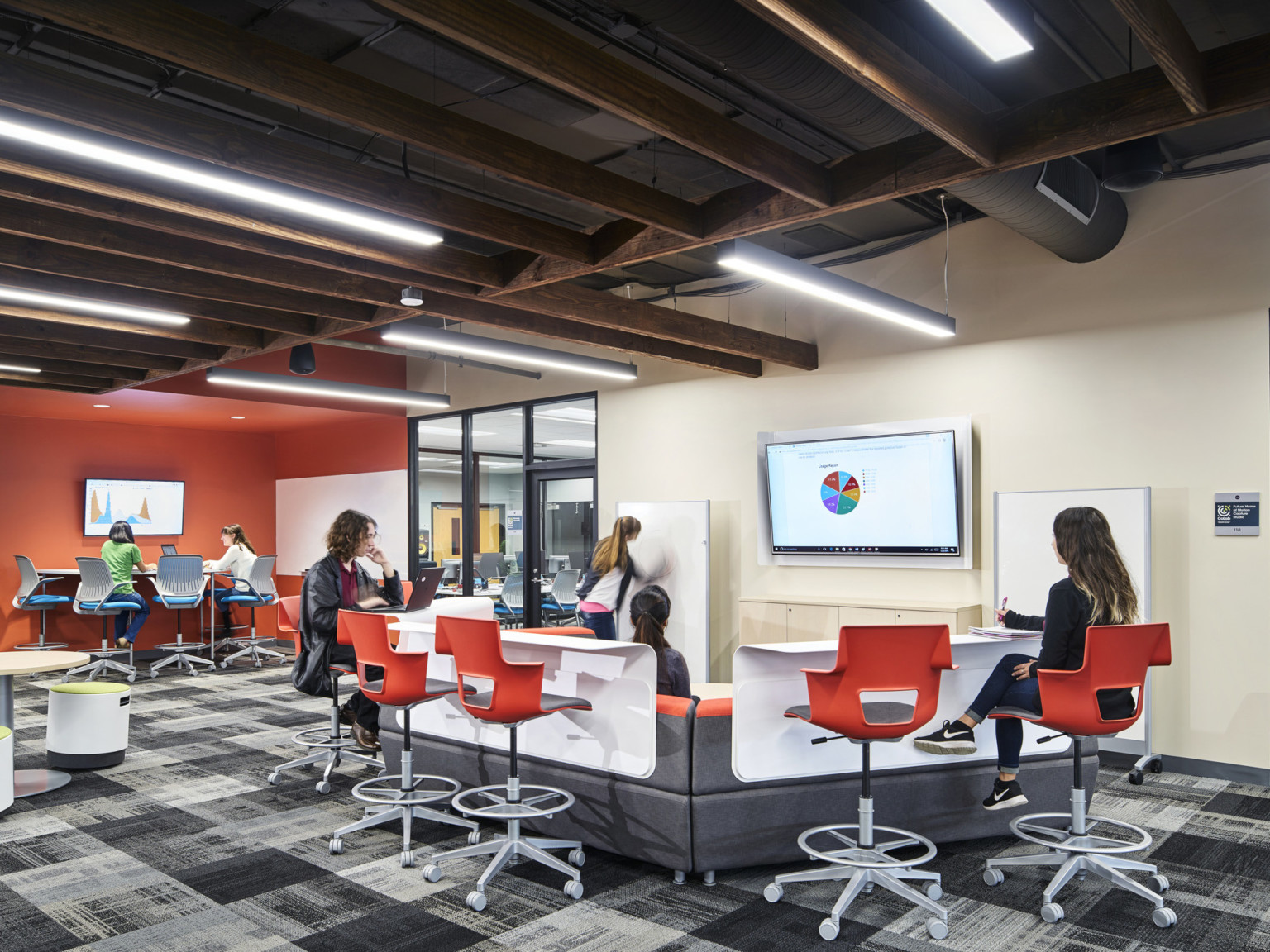 Johnson County Community College collab center. The student collaboration floor with breakout pods and technology