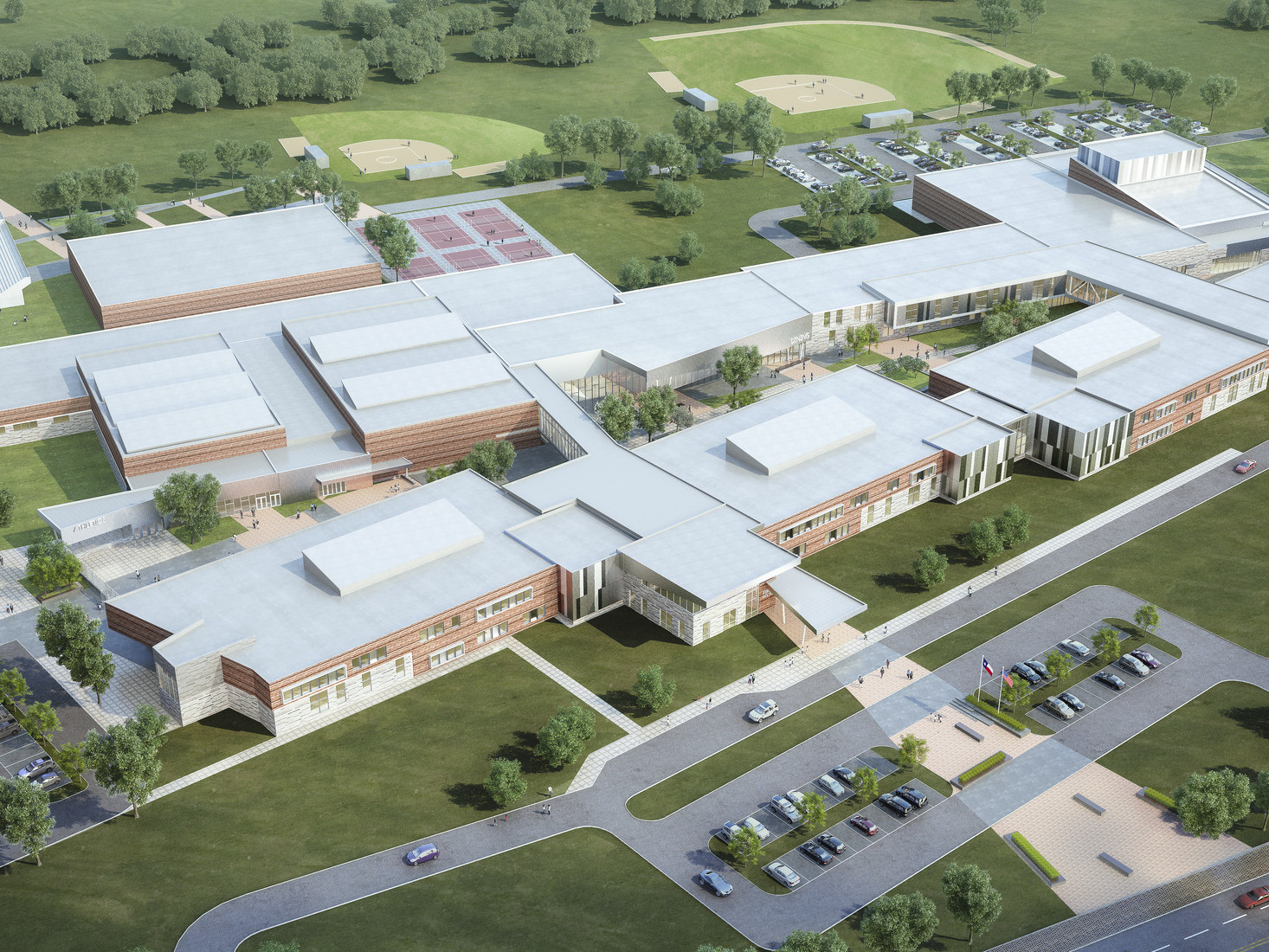 aerial view of a design concept for Fort Bend ISD High School, a large 500,000 sf school facility along an axis