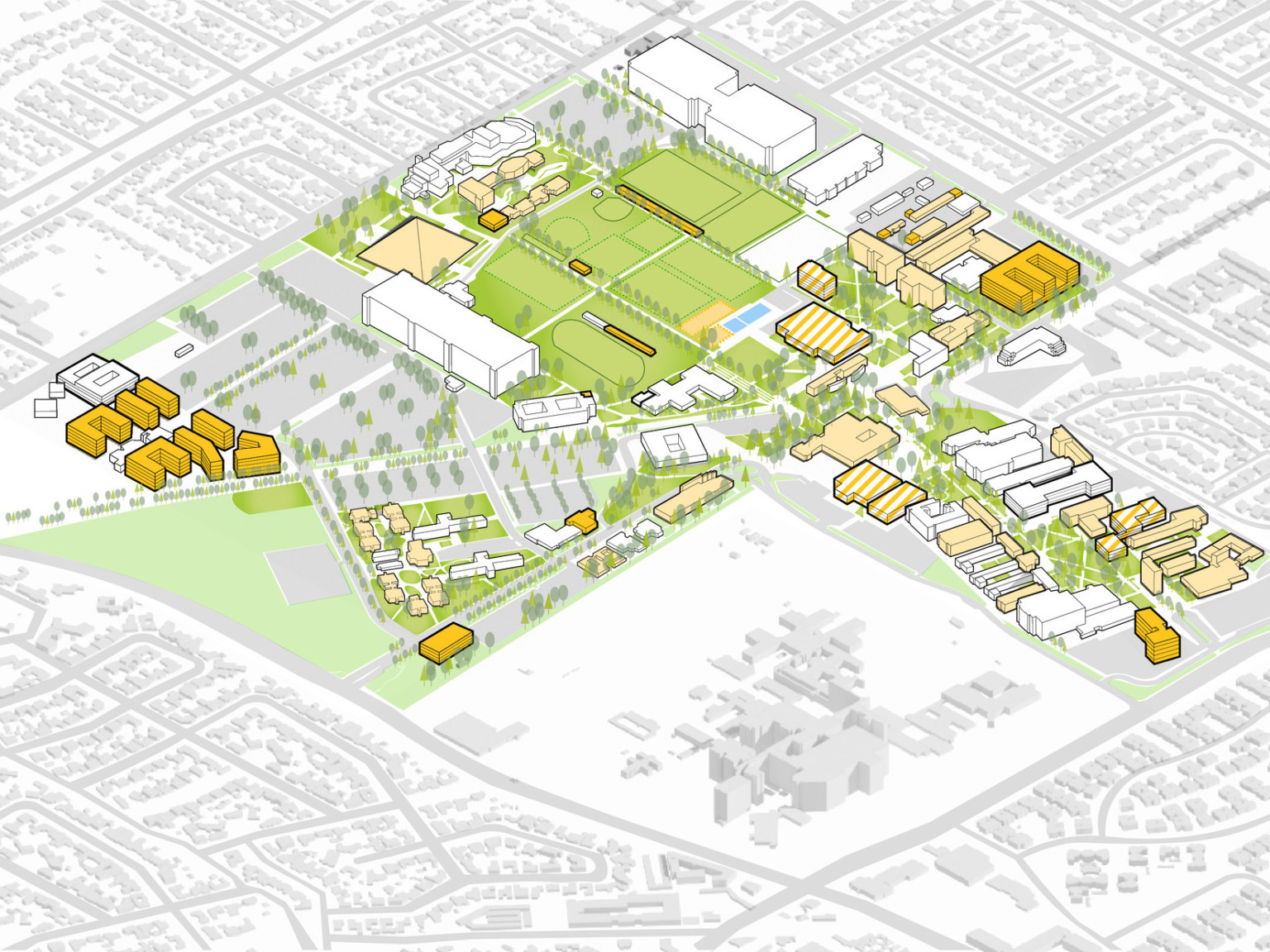 aerial view of illustrated map with yellow building forms and green lawns. neighborhoods are identified with gray outlines.