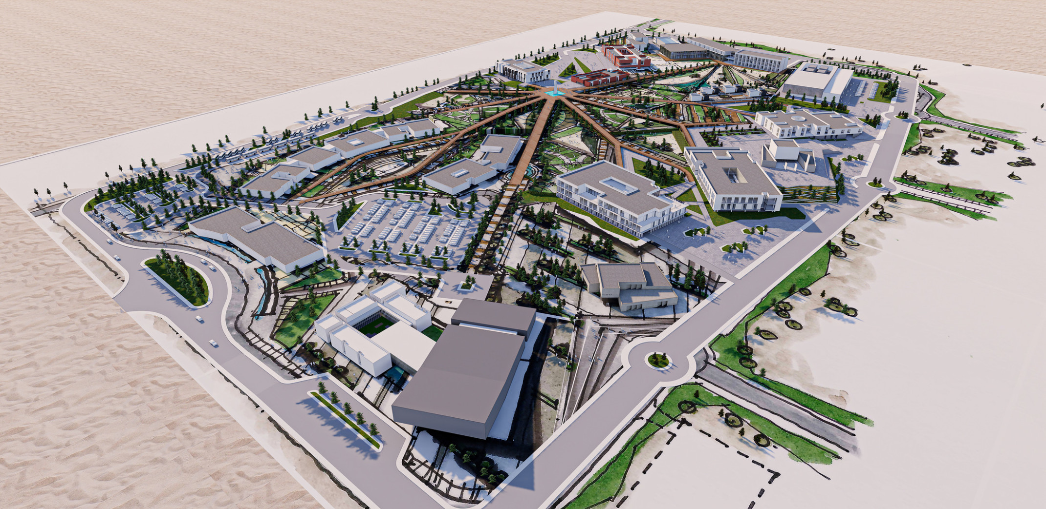 The Center of Harmony primary school masterplan illustration seen from above with ramps leading to central connecting platform