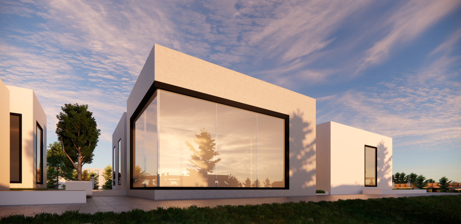 White double height building with window wrapping around nearest corner. Similar white buildings to back and either side White double height building with window wrapping around nearest corner. Similar white buildings to back and either side