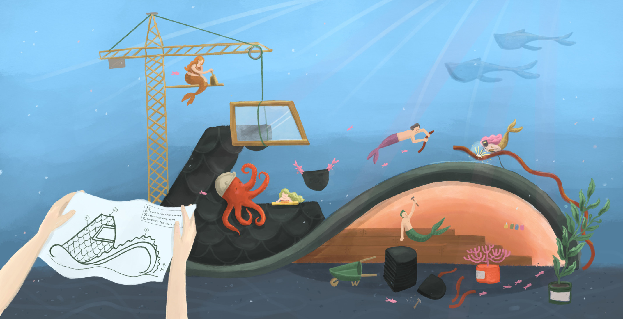 illustration by Mika Rane showing mermaids constructing an enclosed transparent curvaceous structure with a crane underwater.