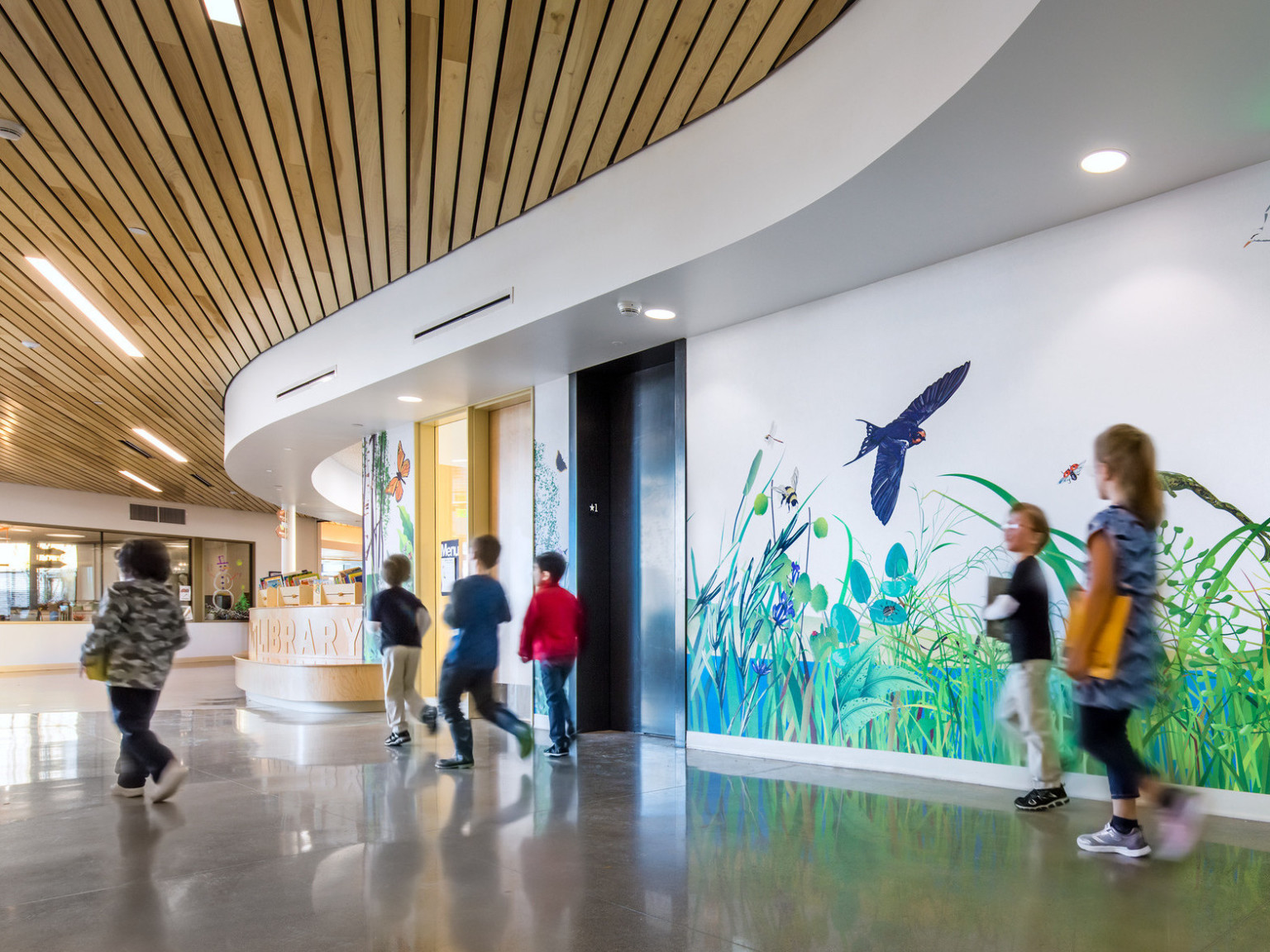 A curved hallway with wood panel ceiling and a mural along the wall of grass and animals. Wood desk curves with hall A curved hallway with wood panel ceiling and a mural along the wall of grass and animals. Wood desk curves with hall