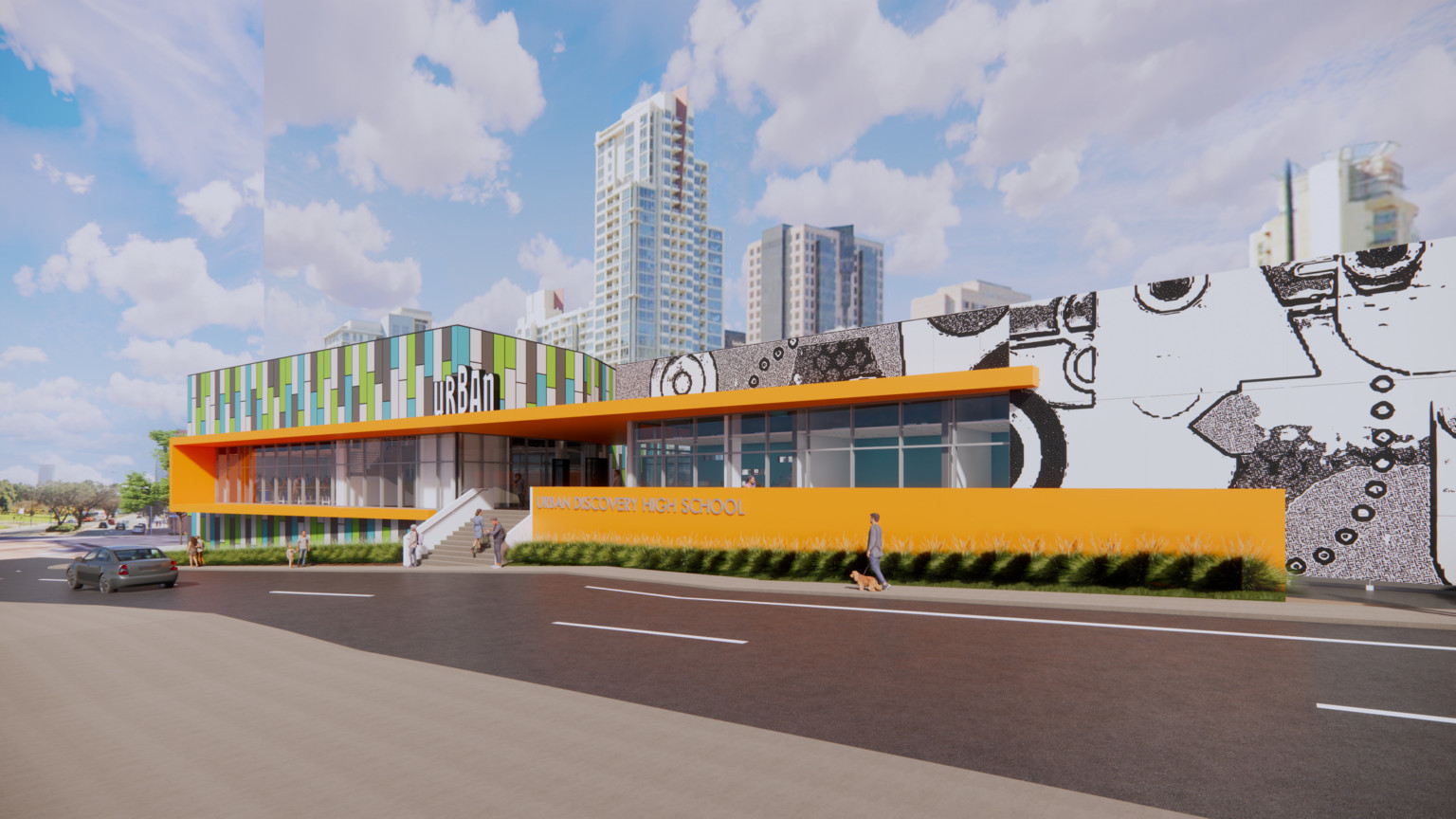 Multicolor panels, left; wrapped yellow awning, center, of Urban Discovery High School in San Diego. Black and white mural, right Multicolor panels, left; wrapped yellow awning, center, of Urban Discovery High School in San Diego. Black and white mural, right