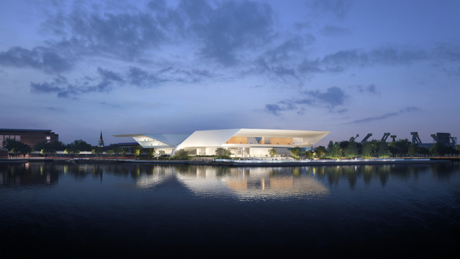 Design for the new MOSH building, a white 2 story structure angled inward at center with covered balcony looking to water Design for the new MOSH building, a white 2 story structure angled inward at center with covered balcony looking to water