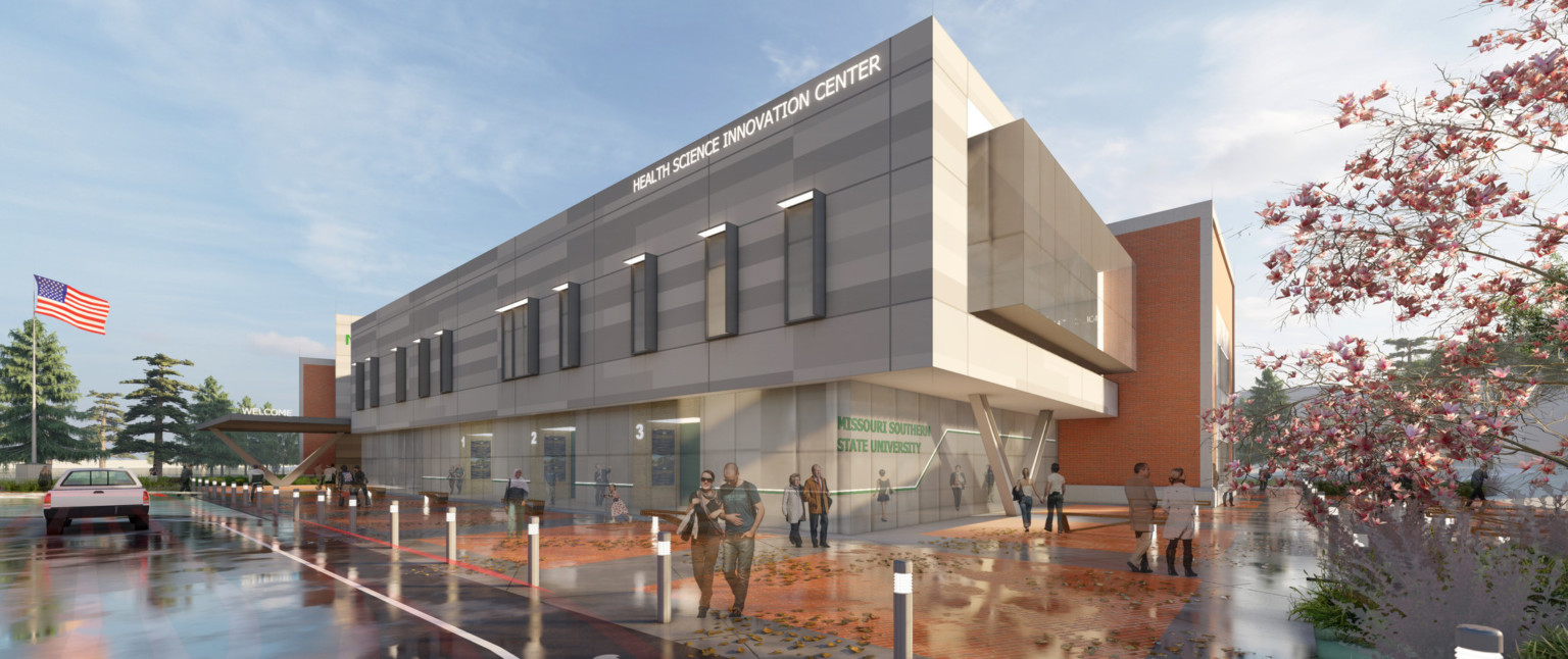 exterior rendering of 2-story building at Missouri Southern State University. Sign reads Health Science Innovation Center