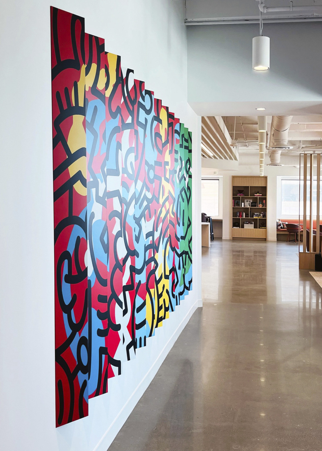 deconstructed keith haring style art installation line polished concrete hallway in neutral office with white walls, ceilings