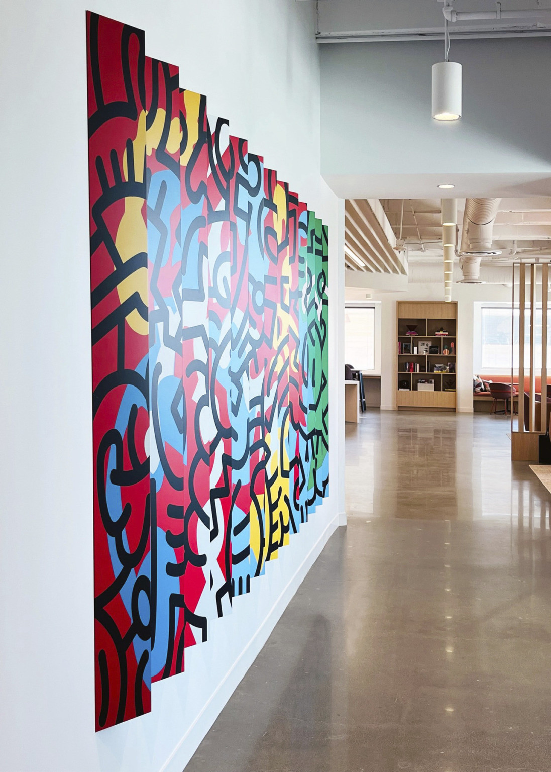 deconstructed keith haring style art installation line polished concrete hallway in neutral office with white walls, ceilings deconstructed keith haring style art installation line polished concrete hallway in neutral office with white walls, ceilings