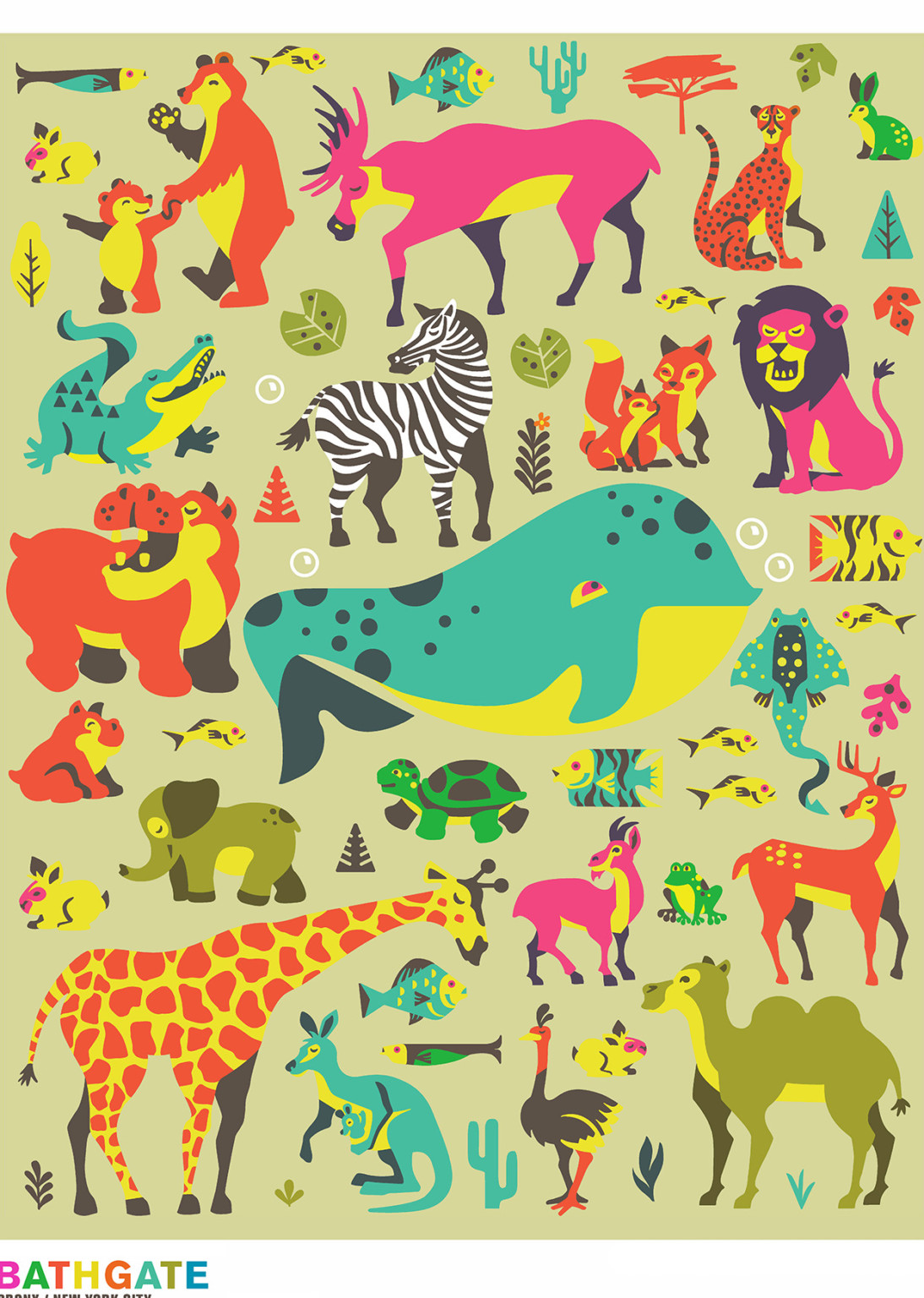 Poster of animals on a yellow green background