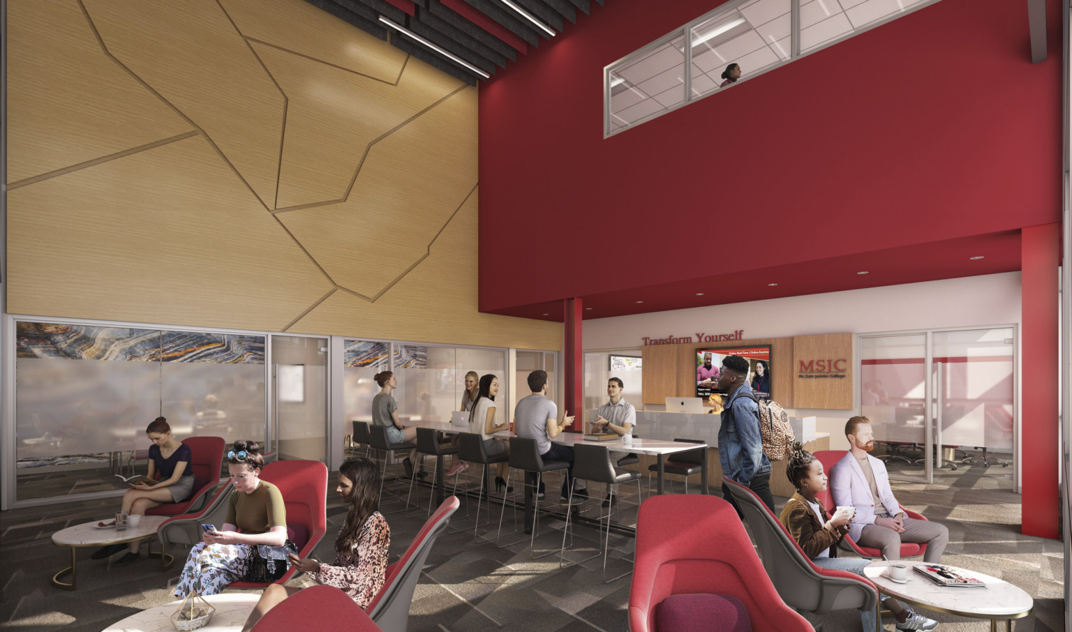 Double height area with flexible seating. Full length window walls below wood mosaic left and red accent overhang right Double height area with flexible seating. Full length window walls below wood mosaic left and red accent overhang right