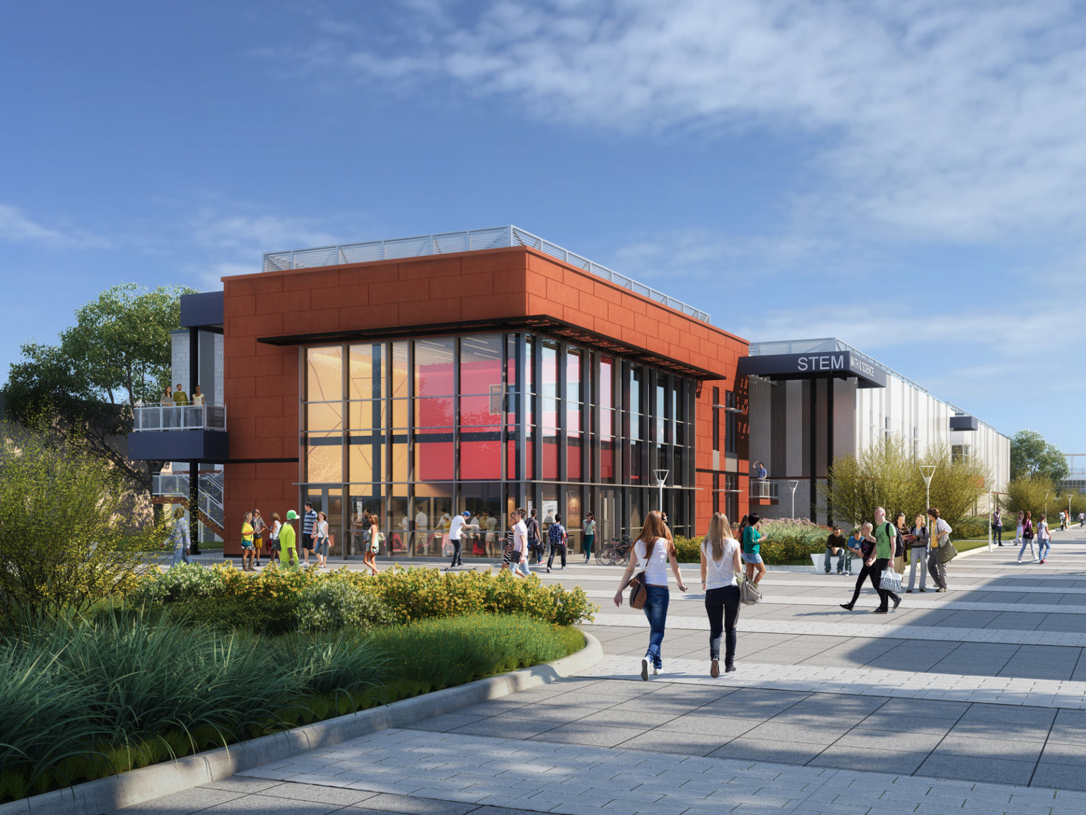 Rendering of Mt. San Jacinto College STEM Facility exterior from corner looking in through double height glass of red building