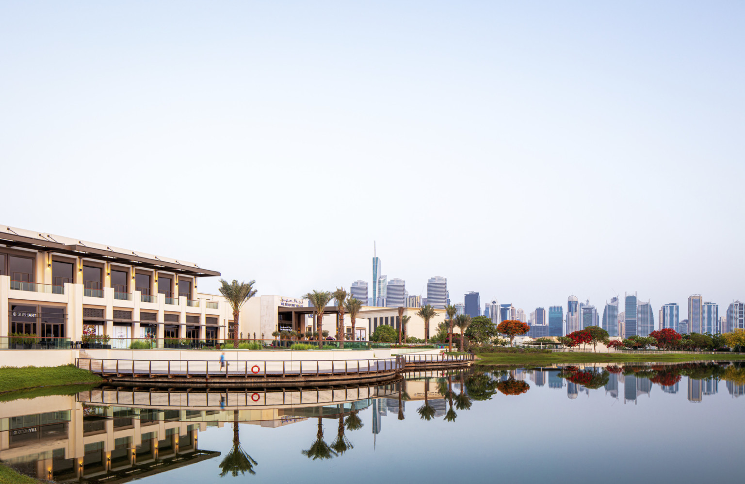 view of the dubai skyline over low rise commercial building tropical treeline and reflective water pool