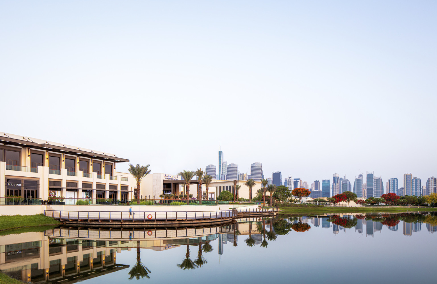 view of the dubai skyline over low rise commercial building tropical treeline and reflective water pool view of the dubai skyline over low rise commercial building tropical treeline and reflective water pool