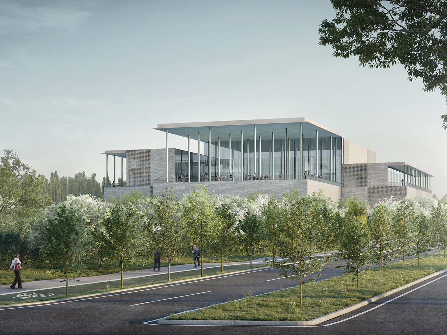 rendering of world's seventh ismaili center; a glass and stone building with a second level terrace overlooking a green park