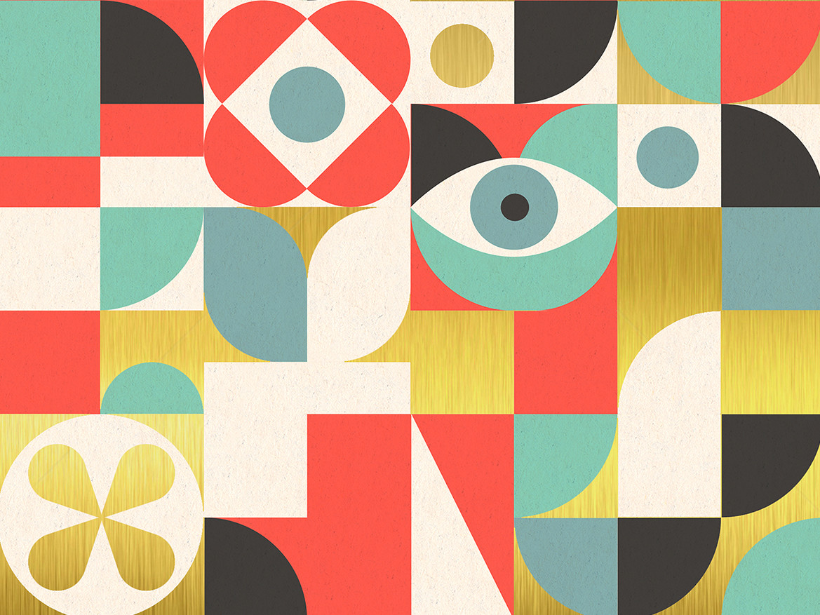 Abstract poster for Dyre 3K in Bronx New York with rounded geometric shapes in seafoam, blue grey, coral, and gold