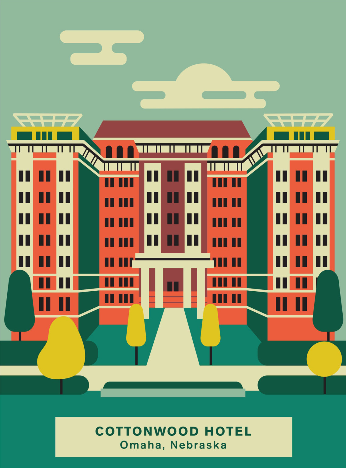 Minimalist graphic poster design of the Kimpton Cottonwood Hotel in Omaha, Nebraska