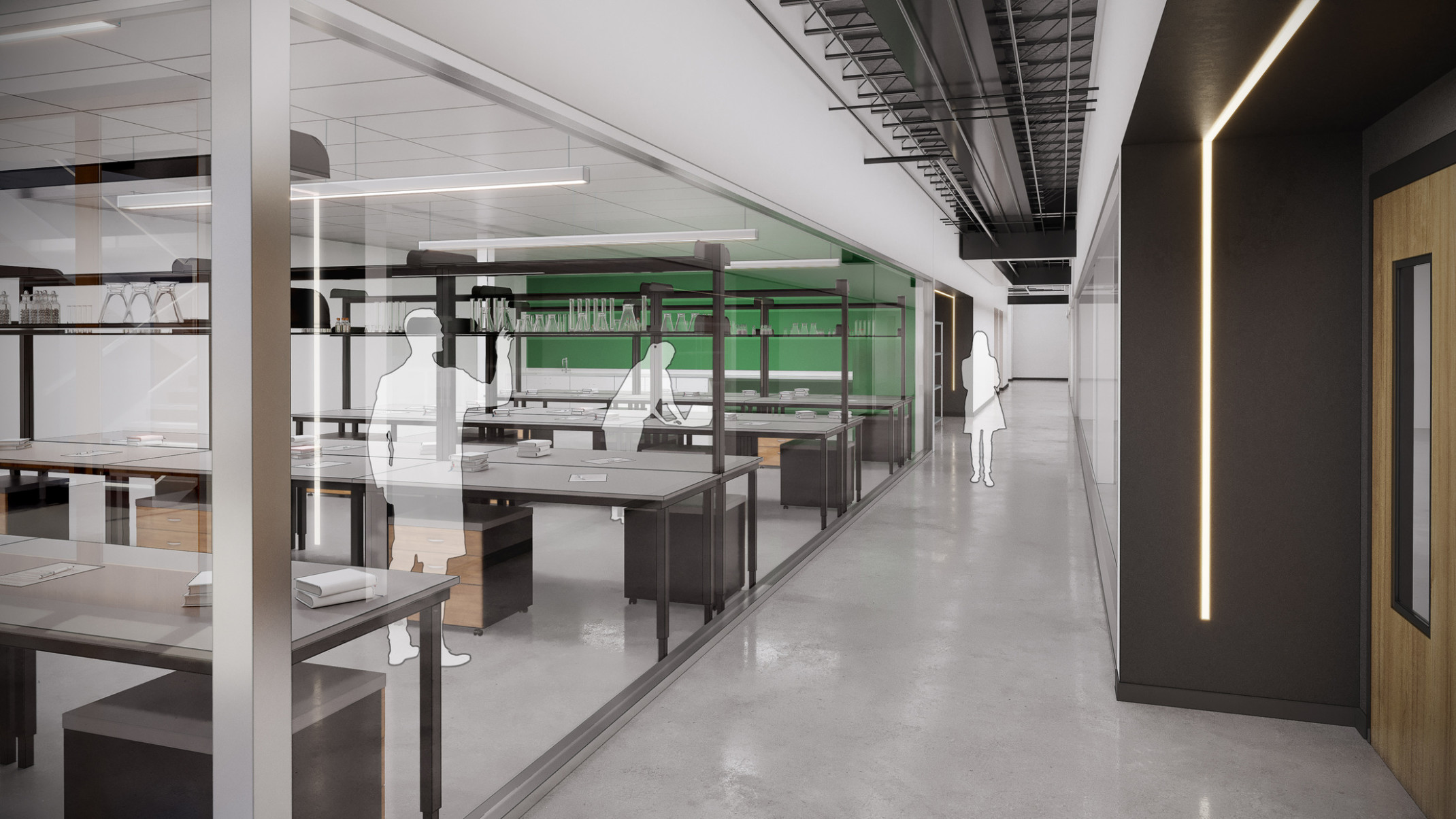 design concept for a science lab with open desking, beakers on open shelves, and a green accent wall