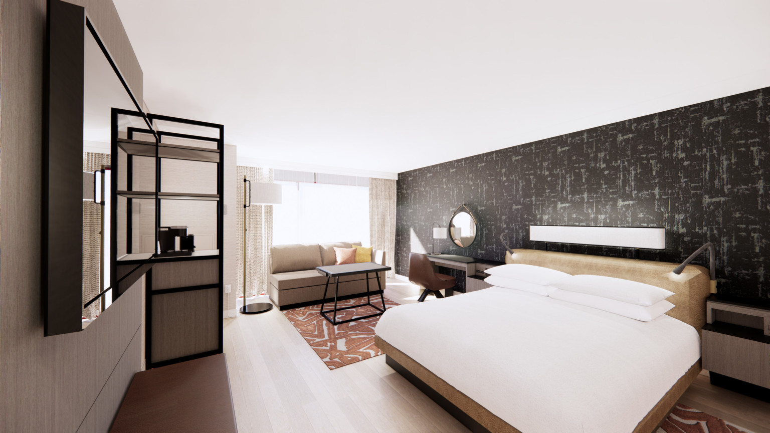 The Hyatt Regency San Antonio renovated guest room with textural wallpaper, geometric furniture, and large window The Hyatt Regency San Antonio renovated guest room with textural wallpaper, geometric furniture, and large window