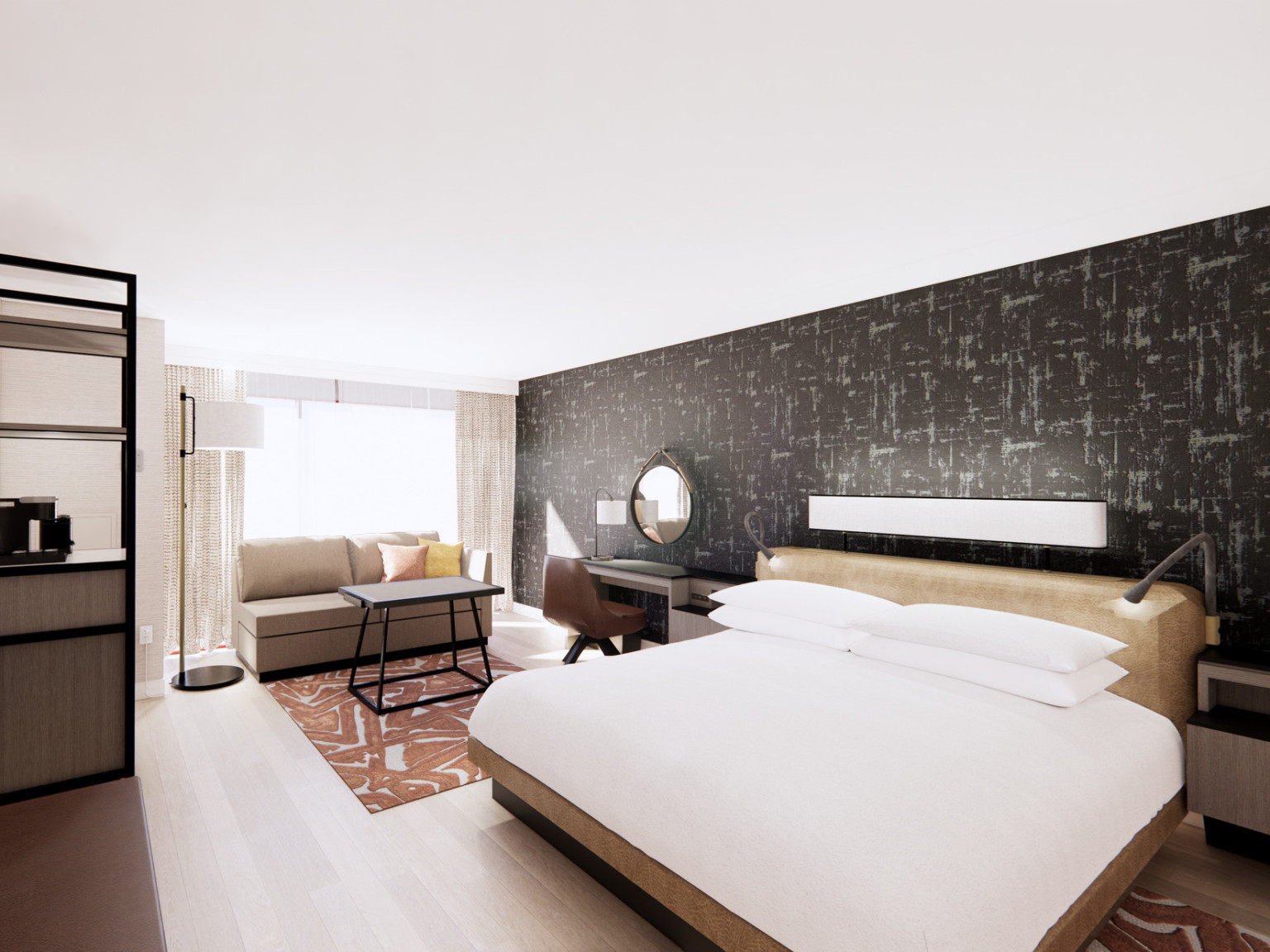 The Hyatt Regency San Antonio renovated guest room with textural wallpaper, geometric furniture, and large window The Hyatt Regency San Antonio renovated guest room with textural wallpaper, geometric furniture, and large window