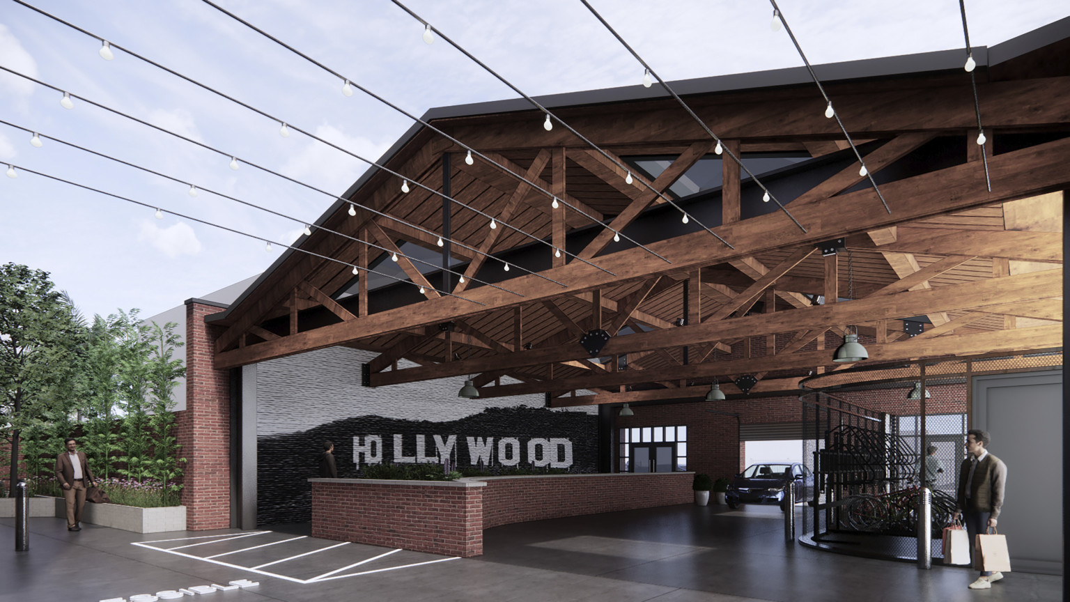 Found Residence at 6422 Selma in Hollywood Los Angeles California rendering of covered open space with Hollywood sign mural Found Residence at 6422 Selma in Hollywood Los Angeles California rendering of covered open space with Hollywood sign mural