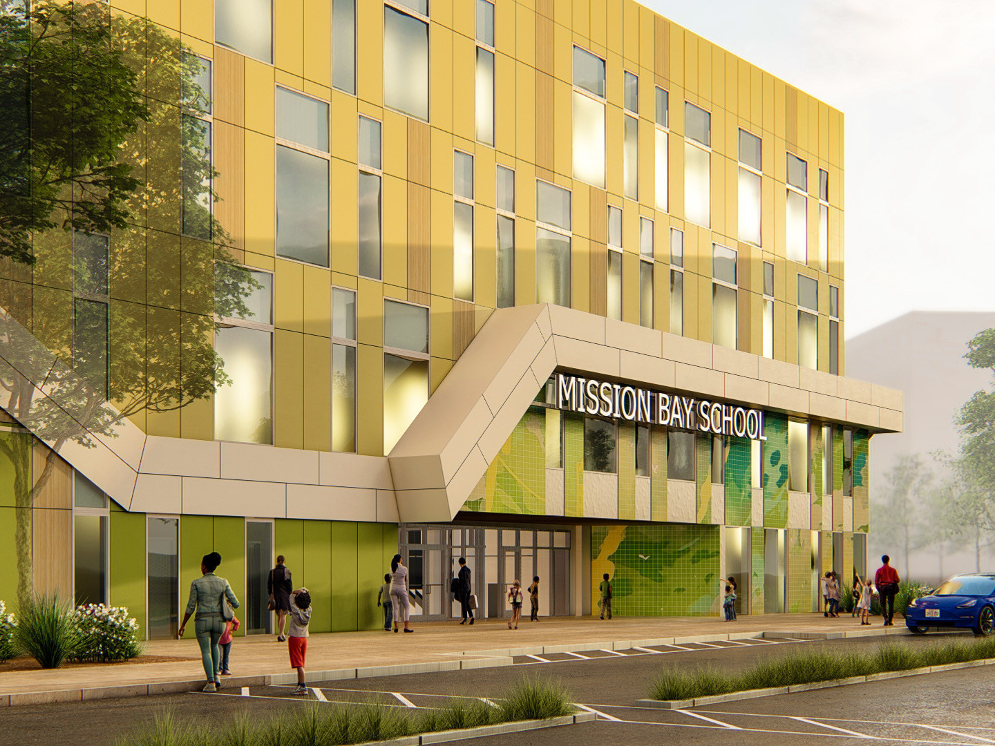 Rendering of Mission Bay School in San Francisco. 3 story building with covered entrance, green accents