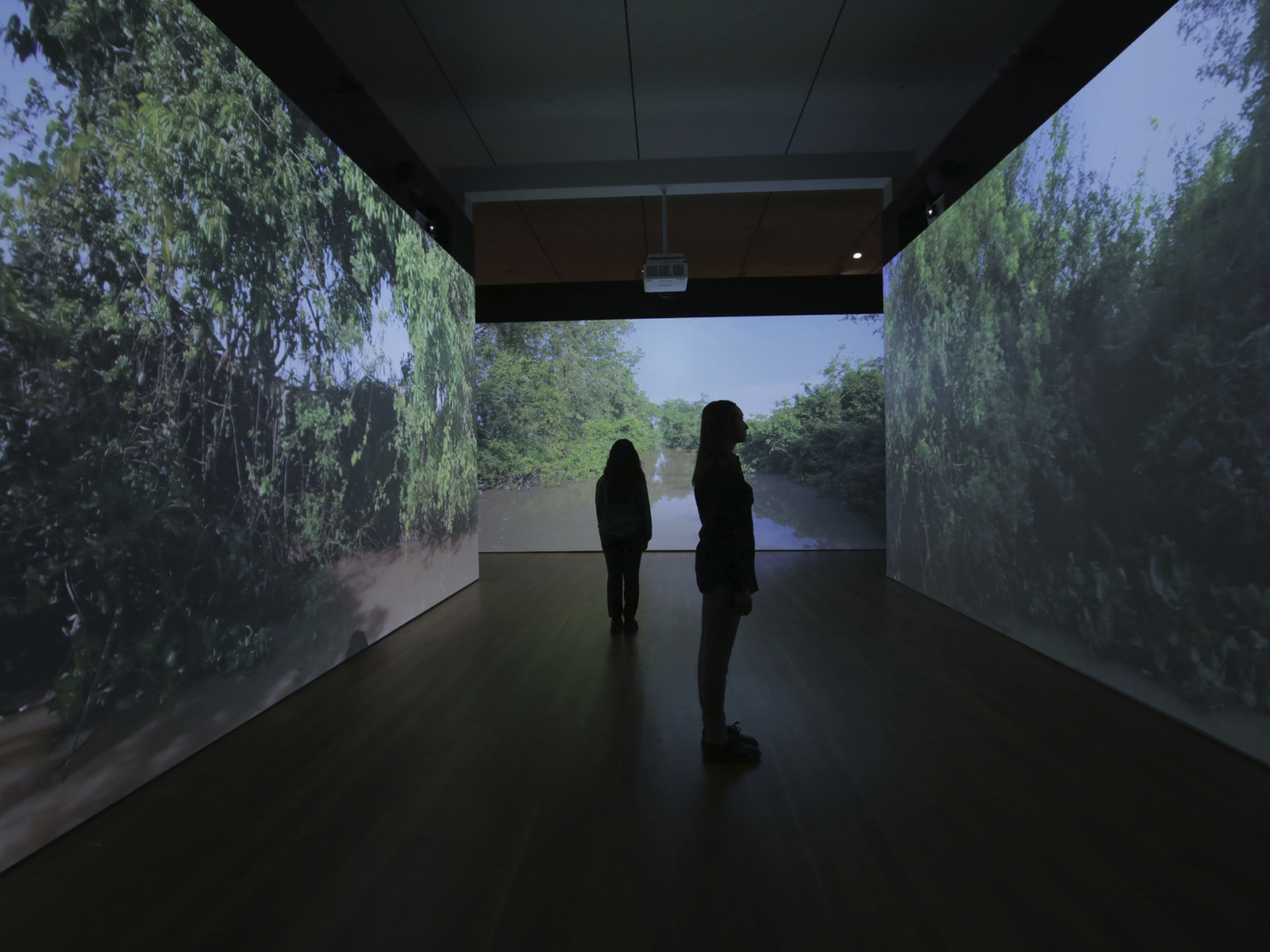 two darkened silhouettes stand apart in a dark room with three walls illuminated by projected images of a muddy river