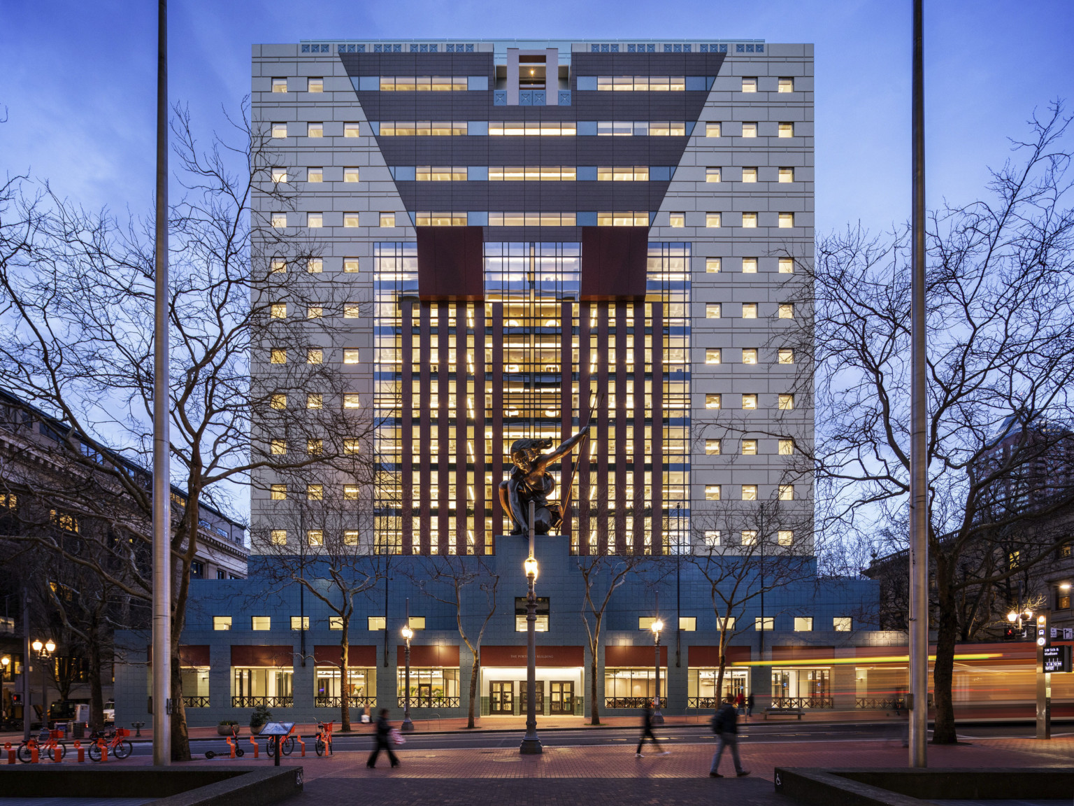 The Portland Building illuminated at dusk following renovation The Portland Building illuminated at dusk following renovation