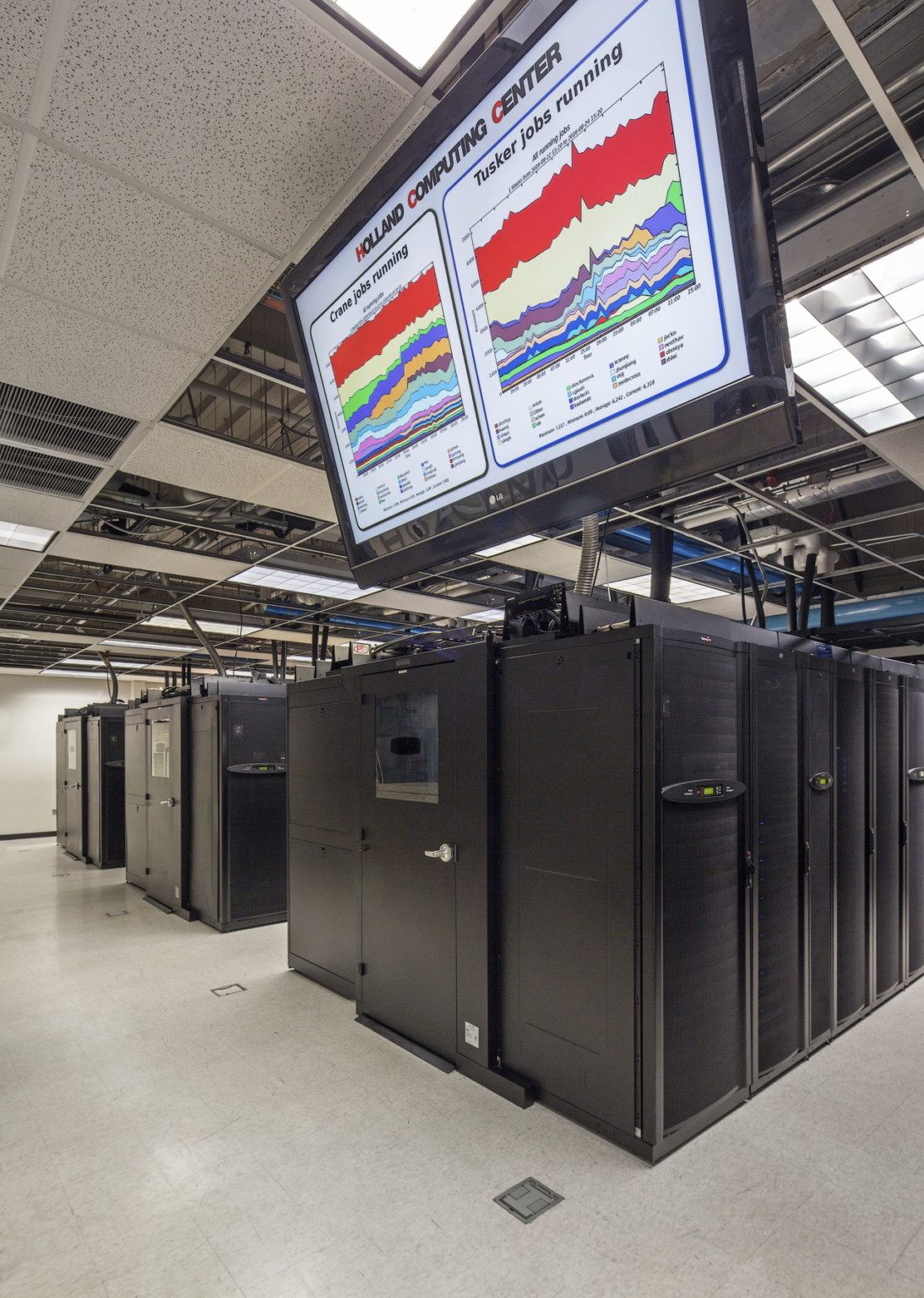 3 groups of black lockers under a large screen and drop screen with partial lighting section and partial open access areas 3 groups of black lockers under a large screen and drop screen with partial lighting section and partial open access areas