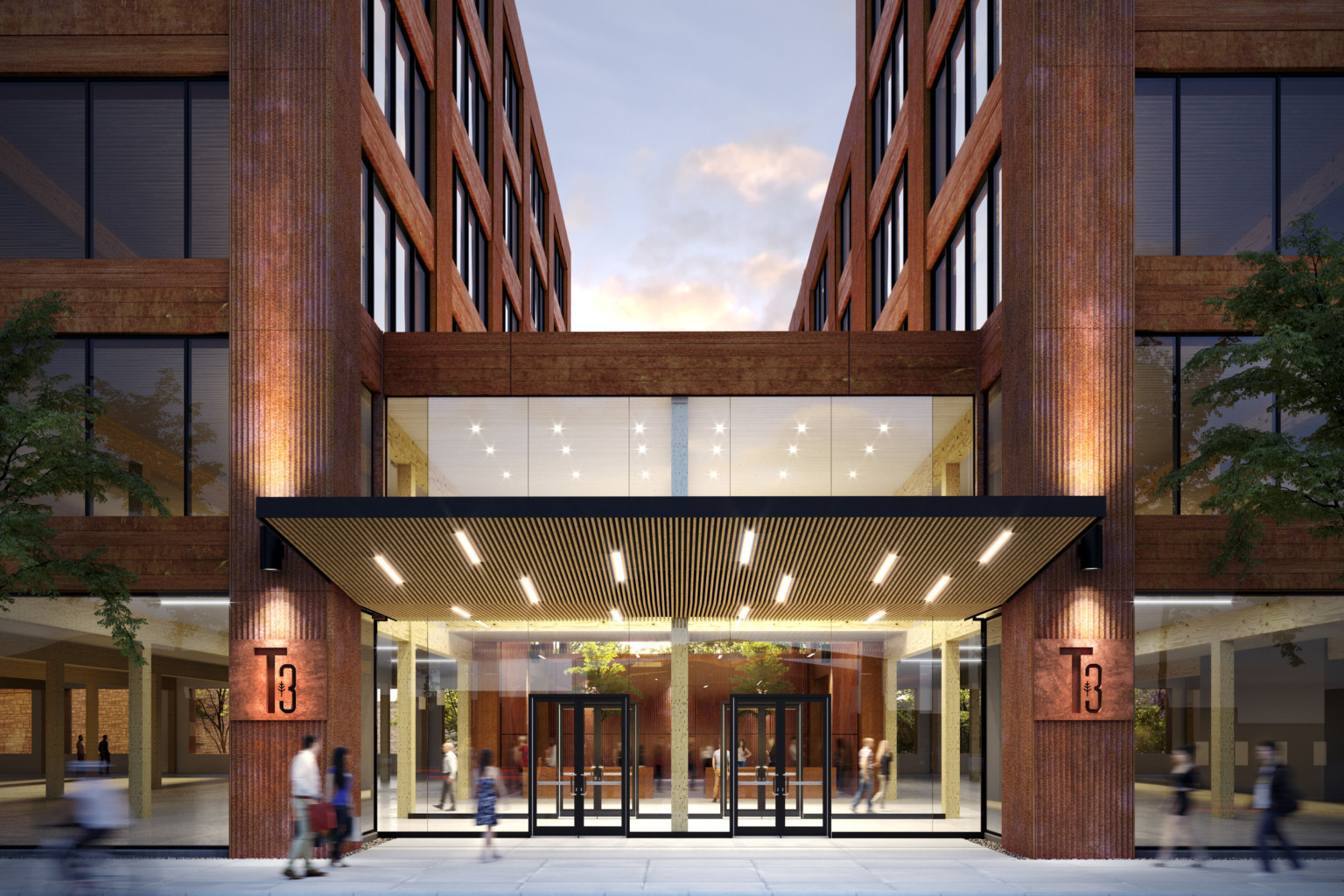 T3 Goose Island Front entrance to mass timber building in Chicago T3 Goose Island Front entrance to mass timber building in Chicago