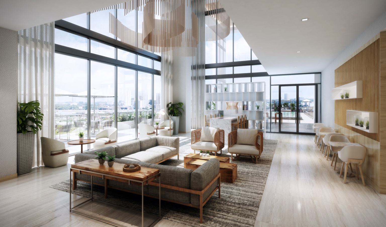 AC Hotel Element Brickell Miami interior seating area with hanging abstract sculpture and floor to ceiling windows to corner balcony AC Hotel Element Brickell Miami interior seating area with hanging abstract sculpture and floor to ceiling windows to corner balcony