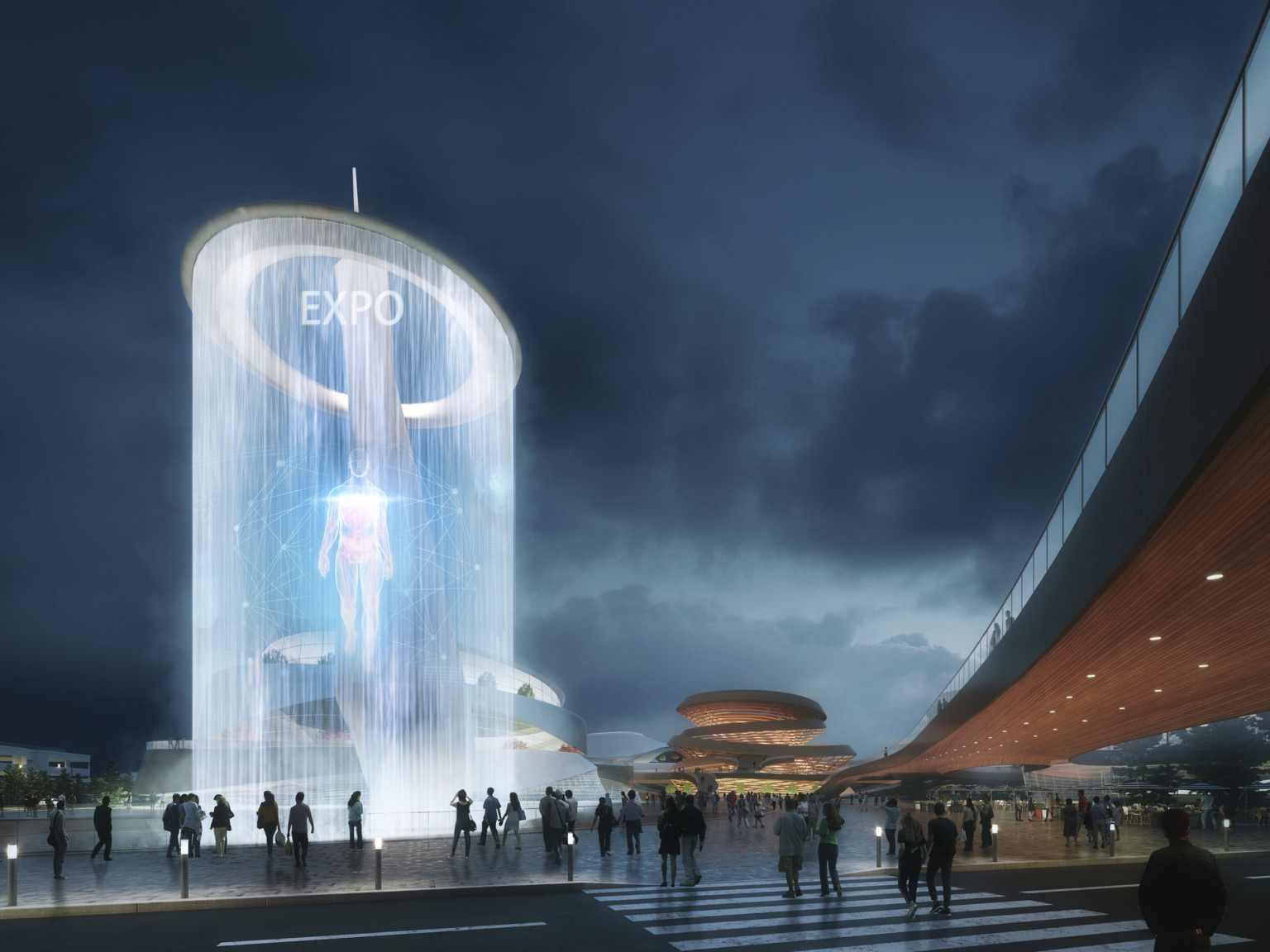 Multi-story rounded water feature with Expo 2027 sign along pathway