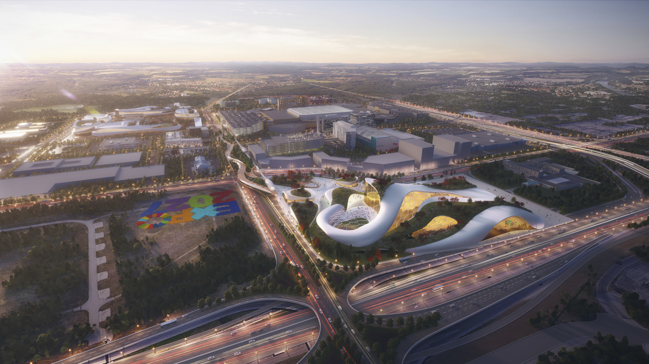 Aerial view rendering of Expo 2027 site plan in Minneapolis, Minnesota with flowing lines in white architecture surrounded by nature