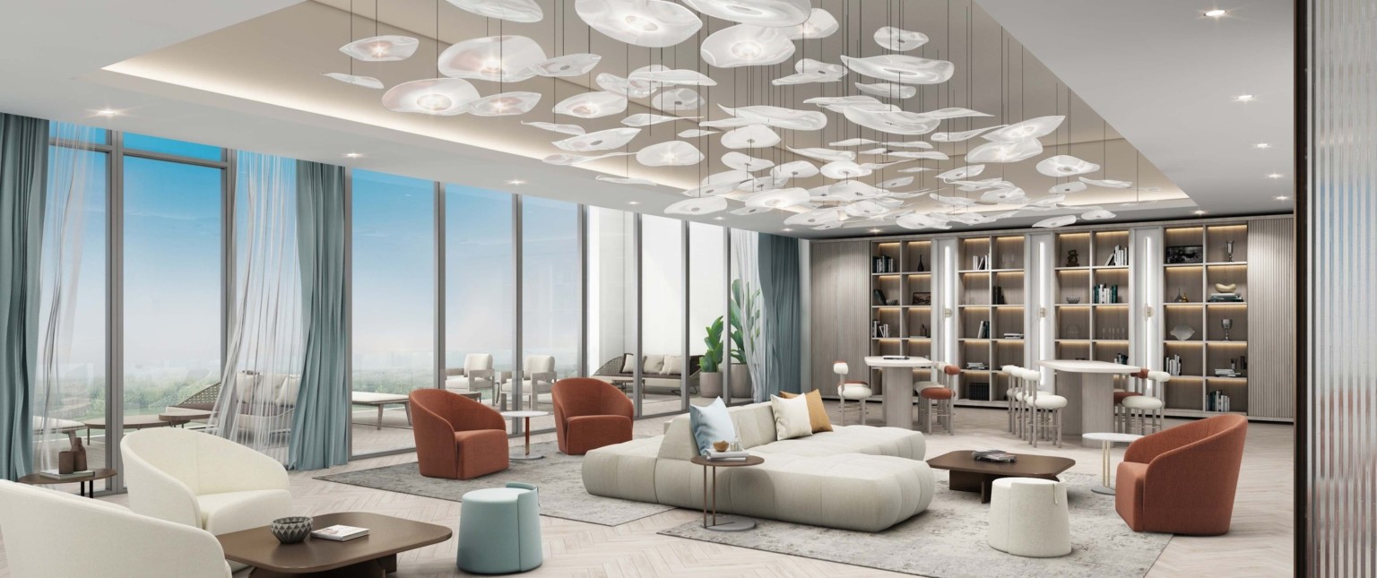 Interior with mixed seating and built in illuminated bookshelves. Floor to ceiling window left wall to balcony. Abstract hanging sculpture Interior with mixed seating and built in illuminated bookshelves. Floor to ceiling window left wall to balcony. Abstract hanging sculpture
