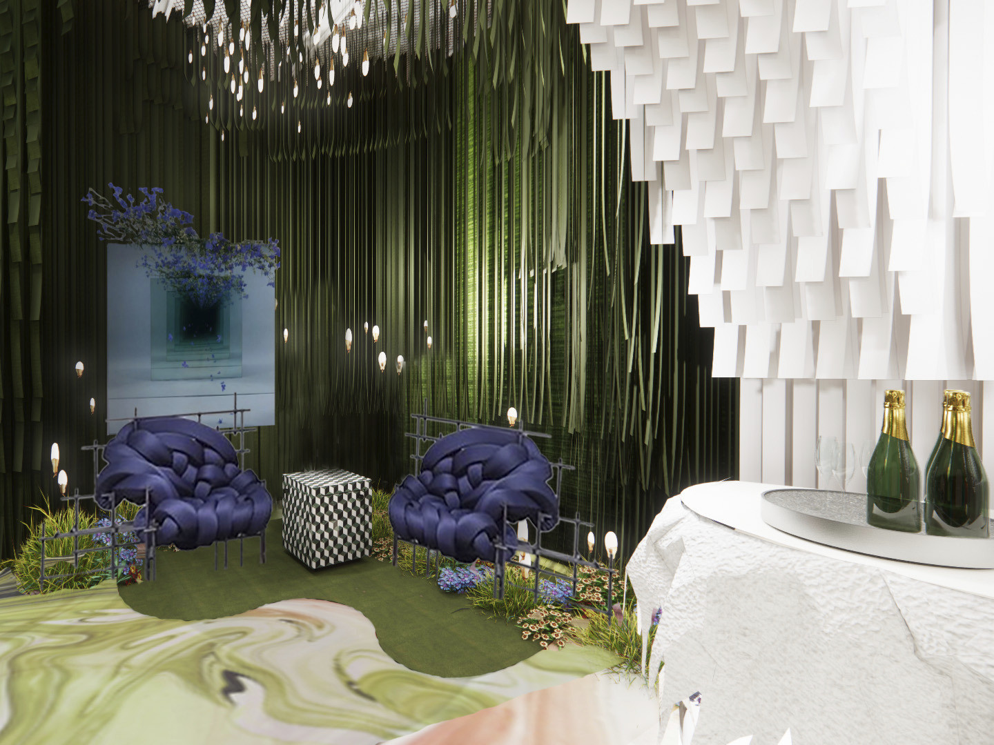 Rendering of installation space for BDNY event from DLR Group. Green textural walls with white and purple accents