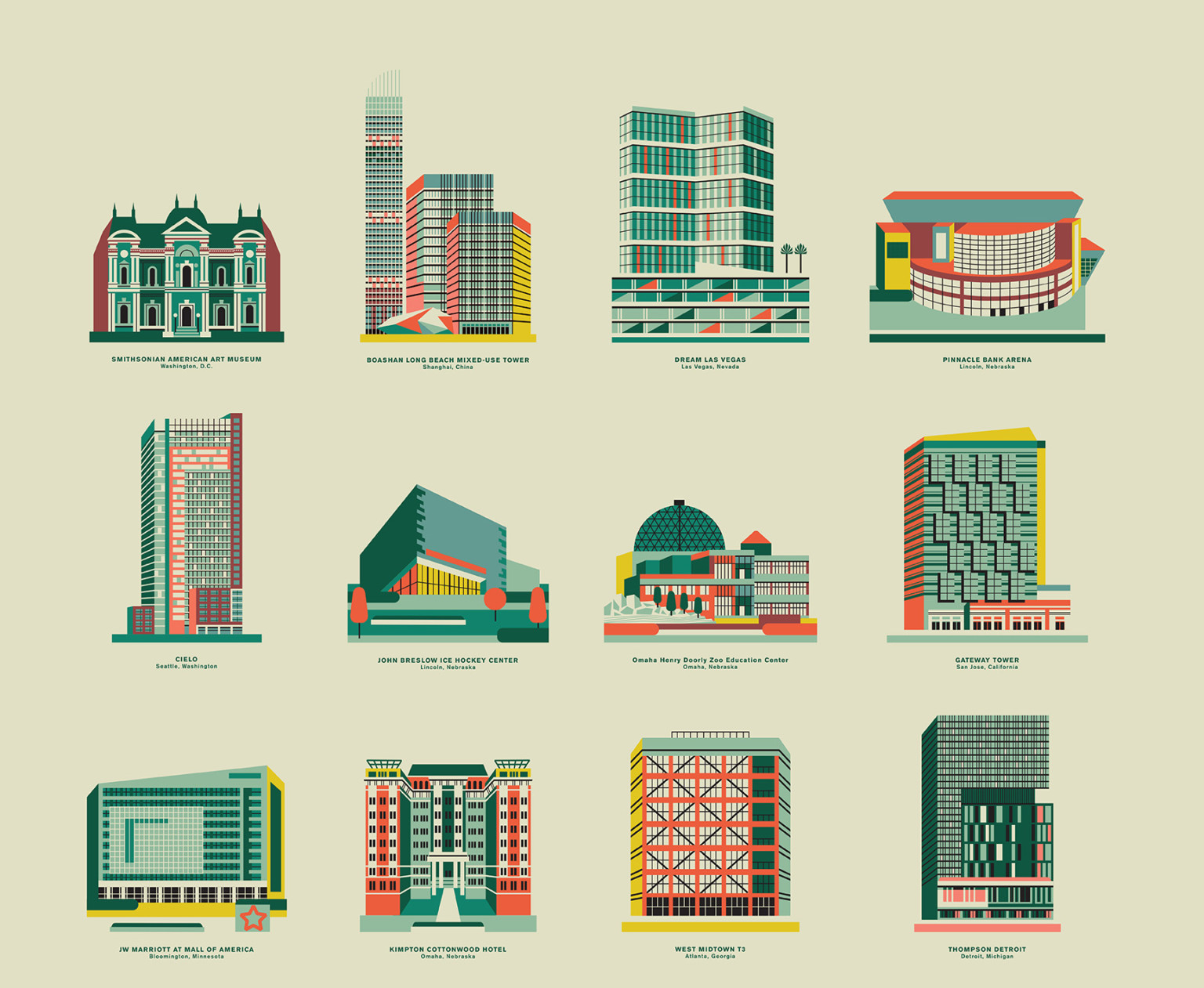DLR Group poster series ft Seattle Space Neede LA Memorial Coliseum and Thompson Hotel Detroit graphic illustrations