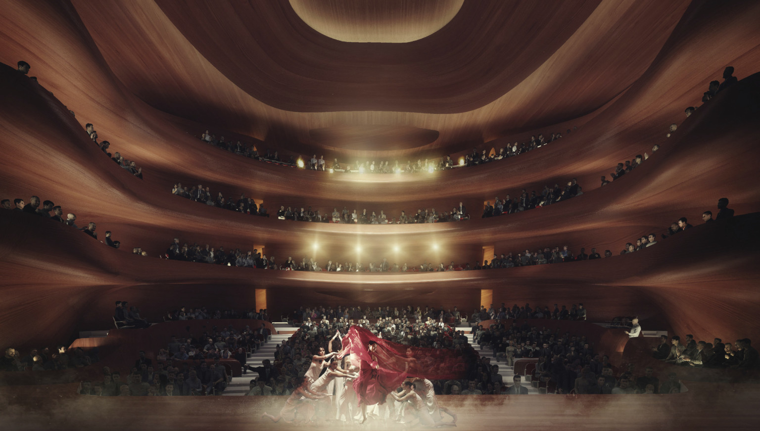 Downstage view of dancers with red cloth lit from above center in front of audience at ground level and 3 balconies