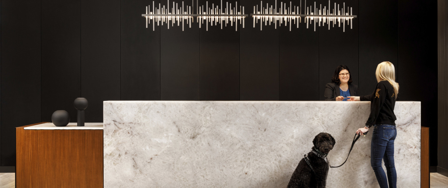 Woman with a black dog at a marble reception desk in front of a black paneled wall. 2 abstract metal lights hang above