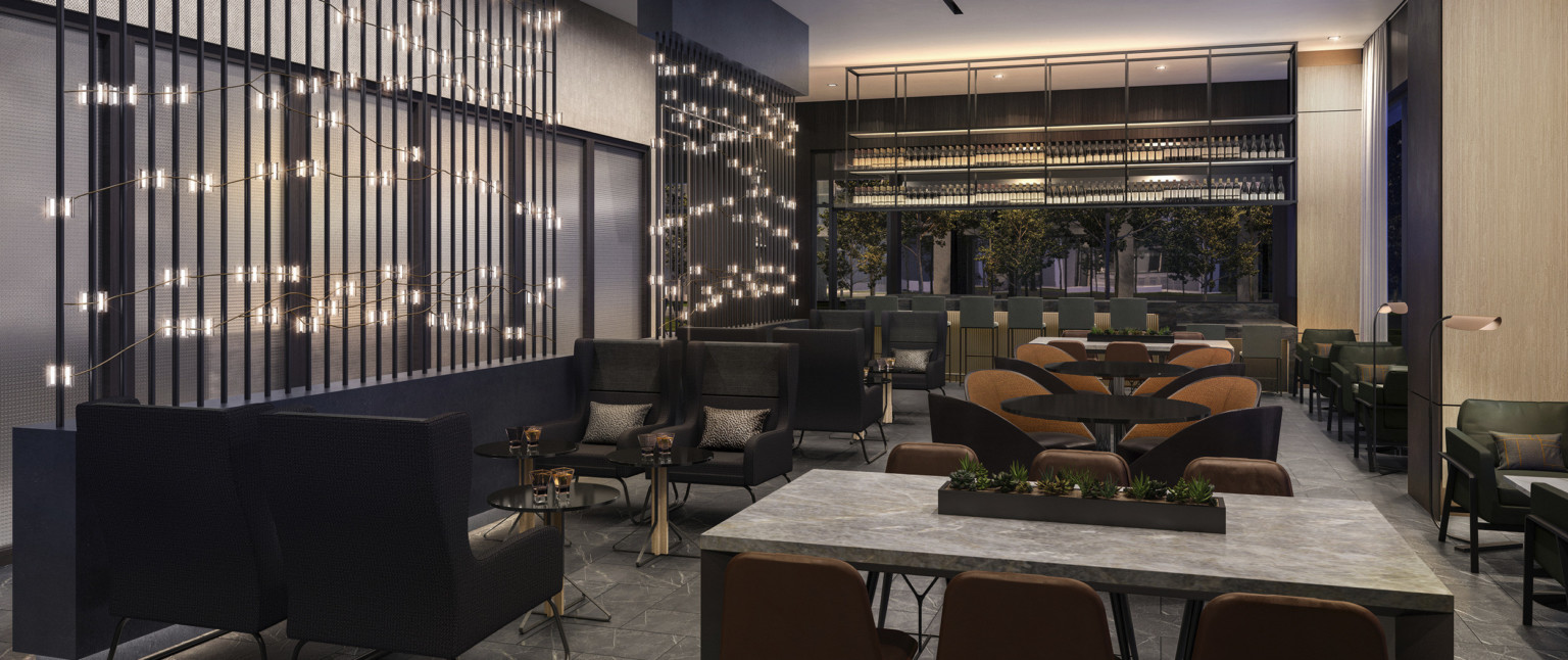 Seating area with floor to ceiling windows and white wall. Railed partition divides area with organically draped lighting