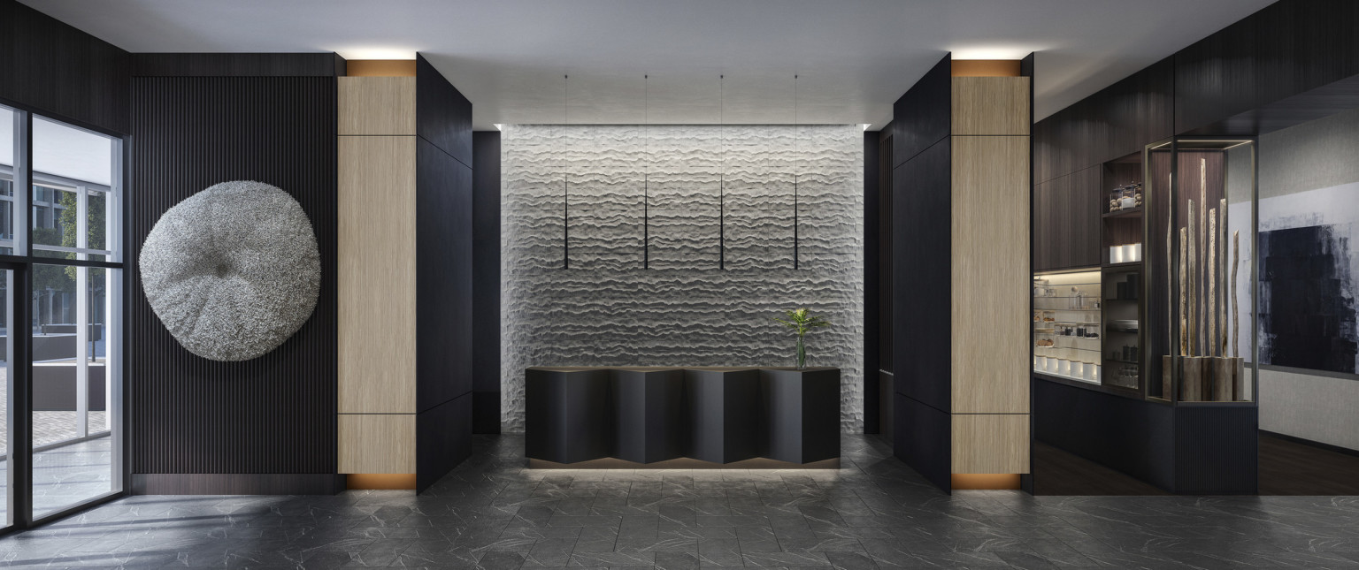 Recessed wood and black desk with black side walls and grey textural back accent wall. Wood accents on front of side walls