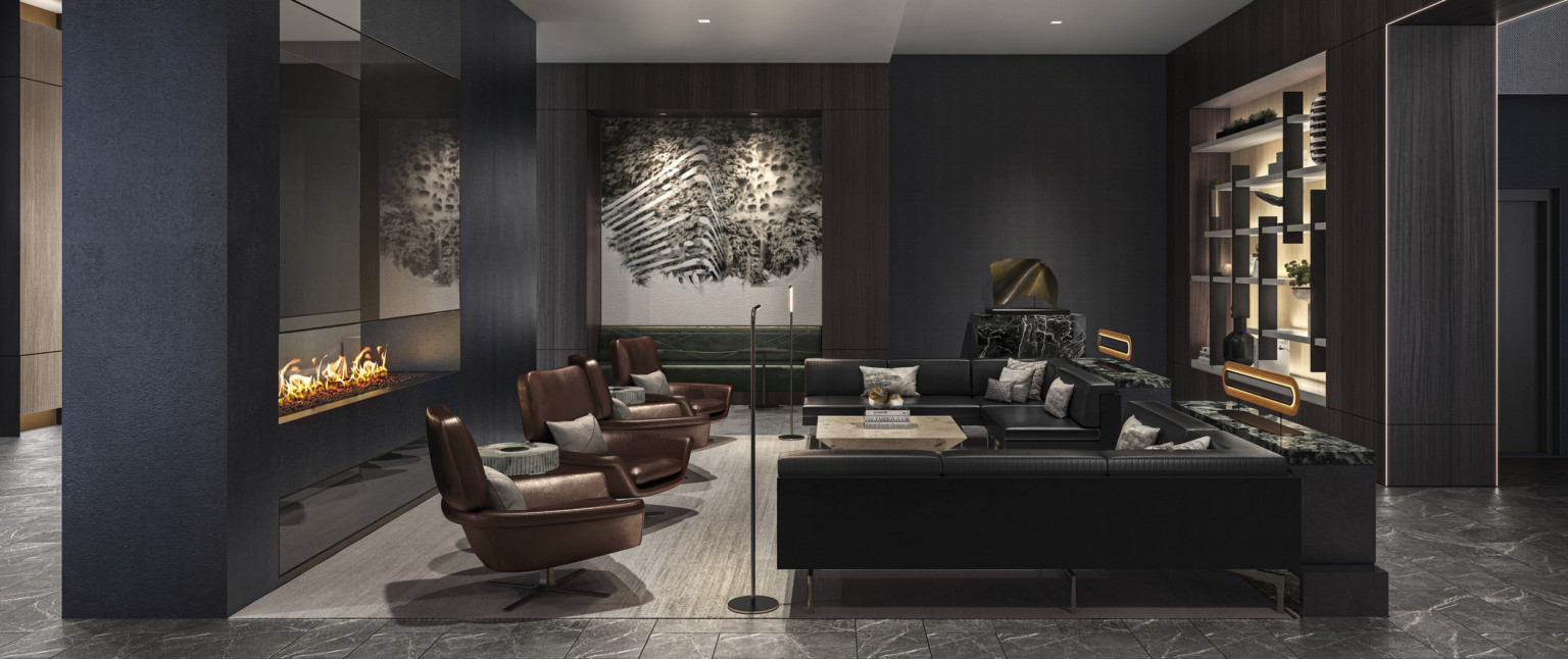 Seating area with leather couches and chairs between fire place (left) and illuminated built in recessed shelving (right)