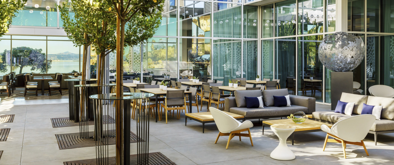 Outdoor seating with tables, chairs, couches and coffee tables lined with trees. Courtyard can be viewed from large windows