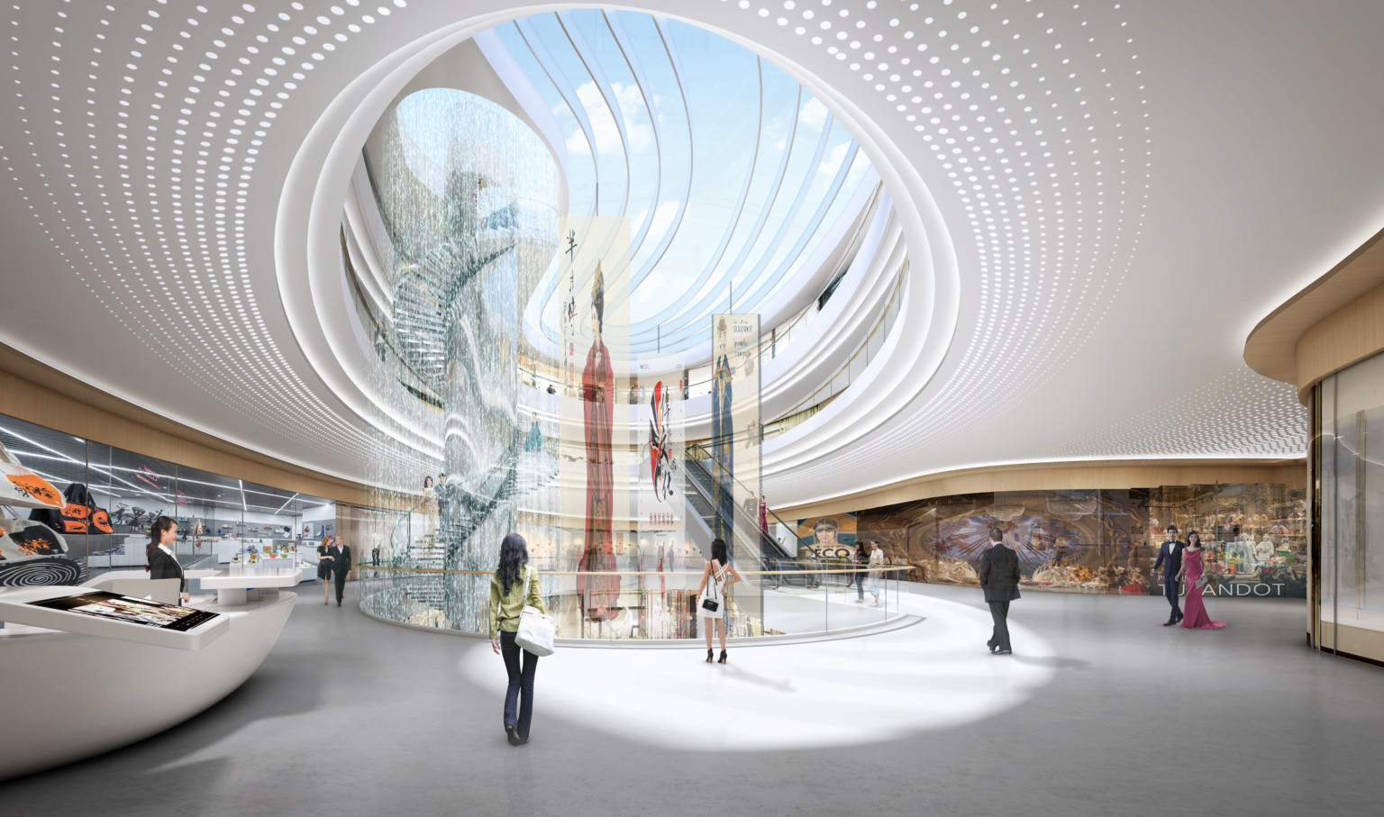 Interior with rounded skylight and items hanging in cutout within floor and floor to ceiling displays, modern display counters Interior with rounded skylight and items hanging in cutout within floor and floor to ceiling displays, modern display counters