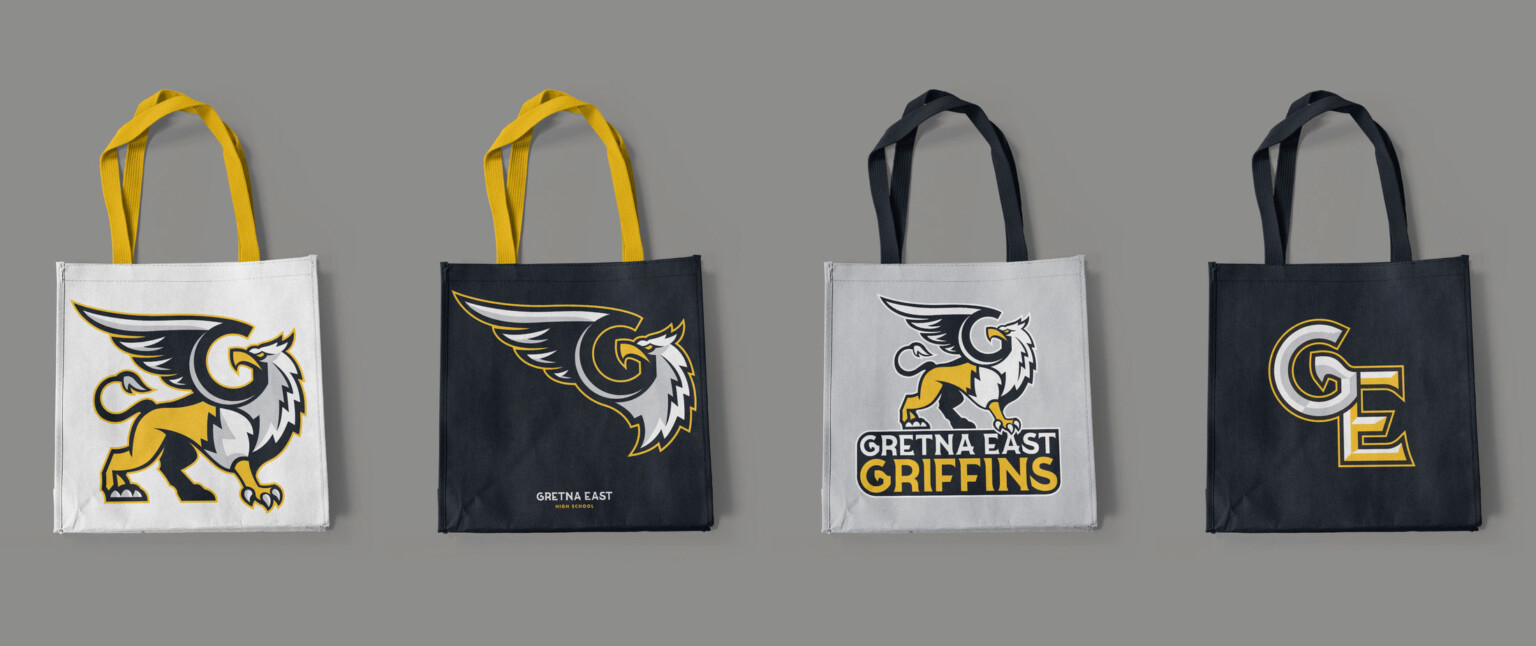 A series of 4 different tote bags in black and white with different logo treatments for the Gretna East High School Griffins